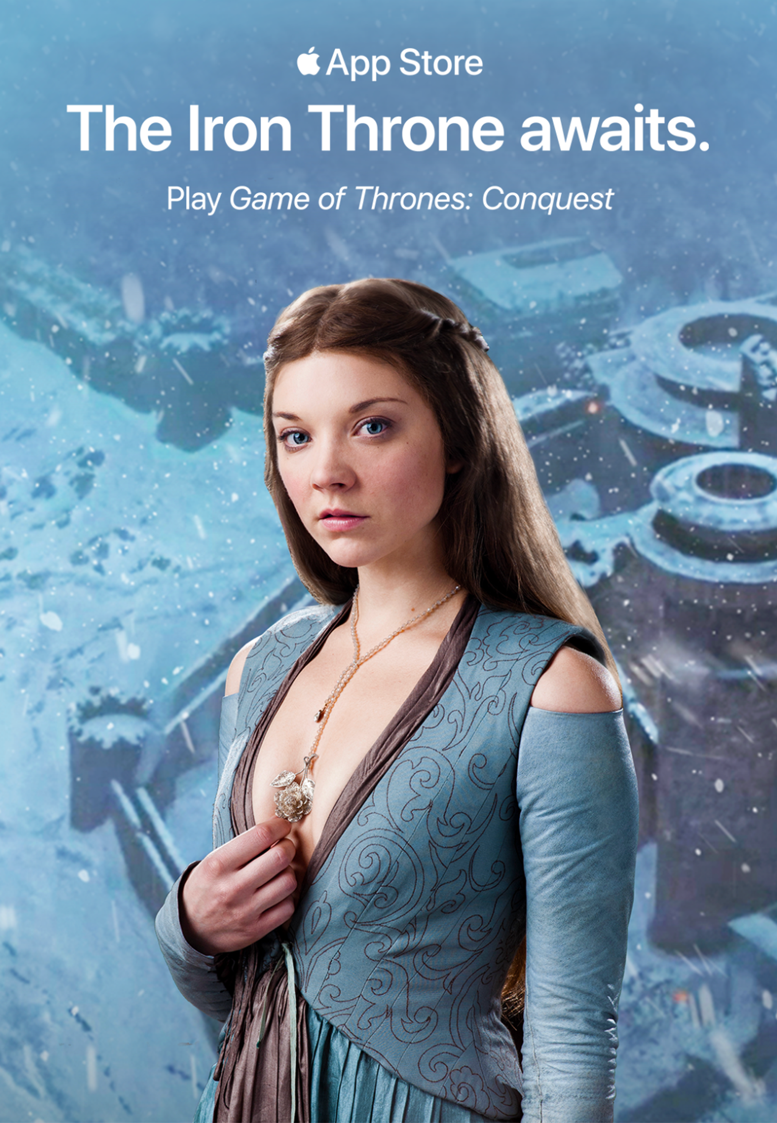 App Store ad: 'The Iron Throne awaits. Play Game of Thrones: Conquest', with a noblewoman in a blue gown against a snowy castle