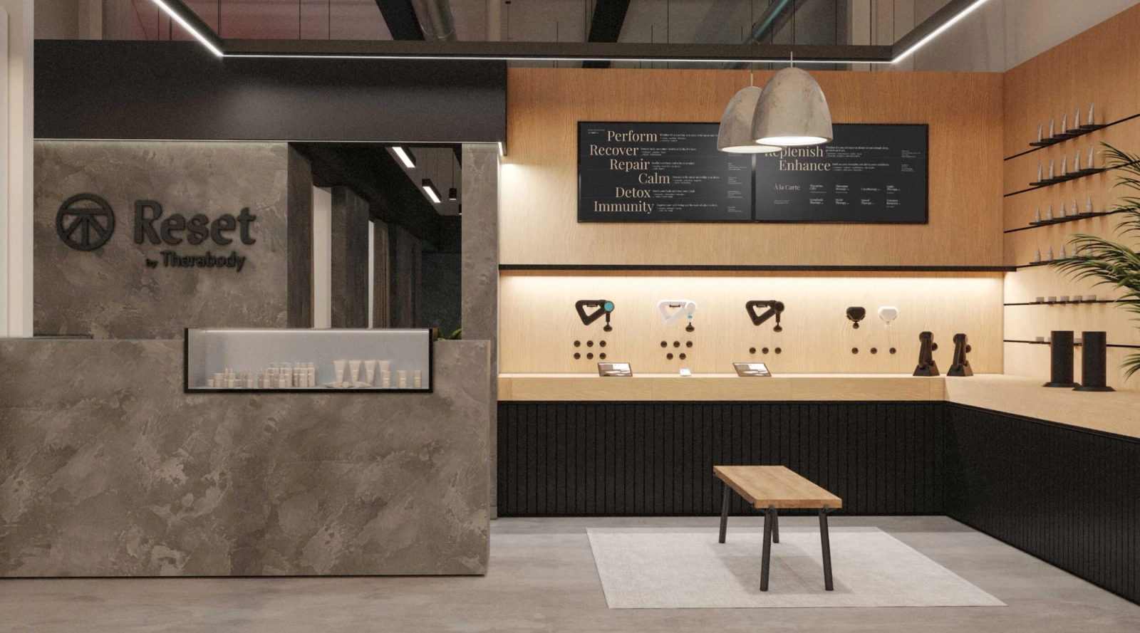 Rendering of the Therabody Reset studio reception, with a service menu on the wall