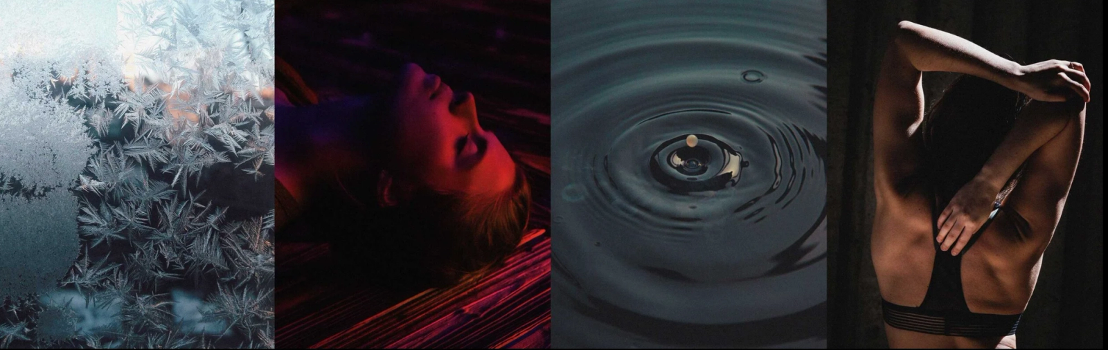 Four atmospheric images: frost, a figure in red light, a drop landing in water, and a body in shadow