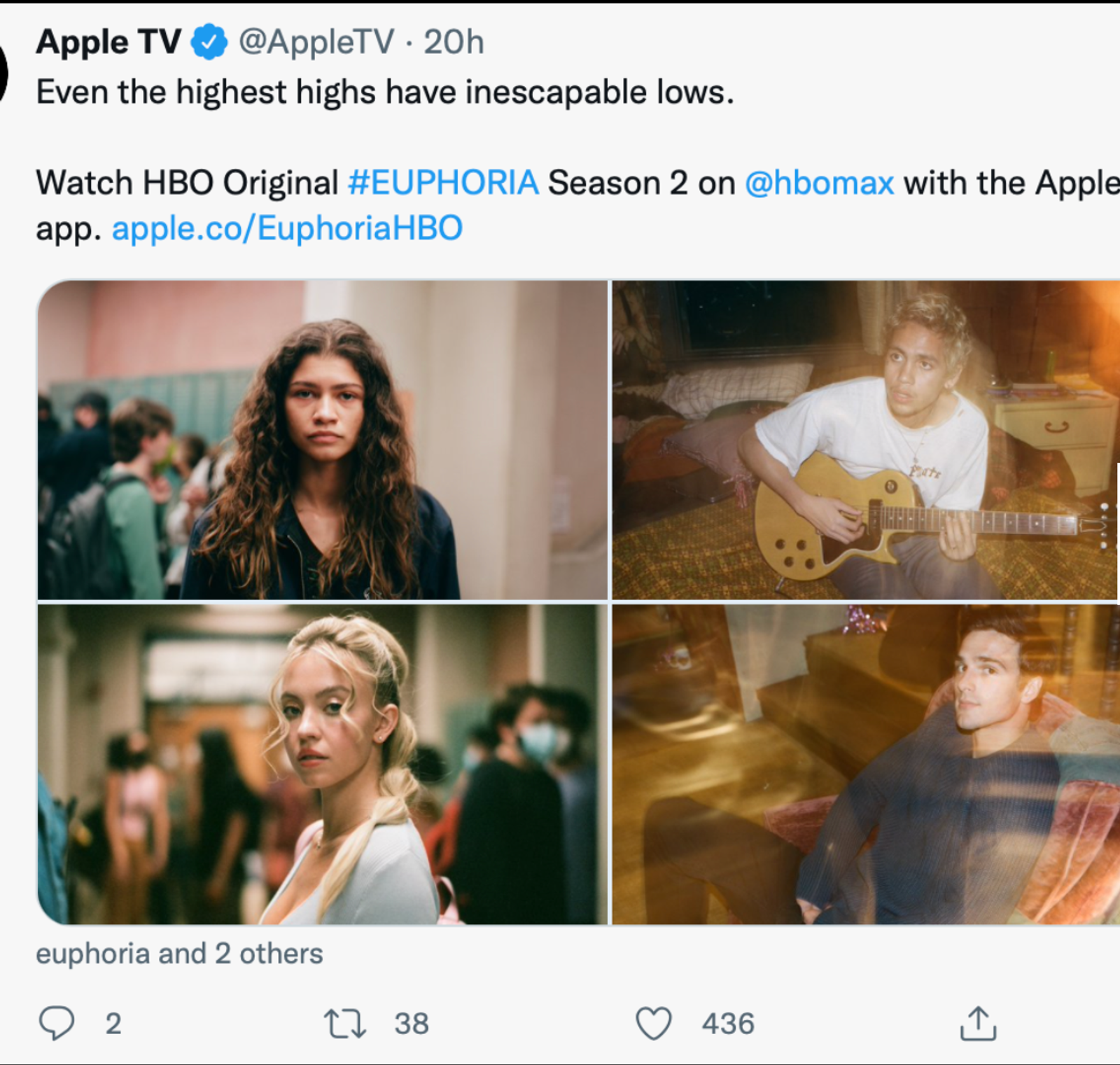 Apple TV social post for Euphoria season 2: 'Even the highest highs have inescapable lows.'