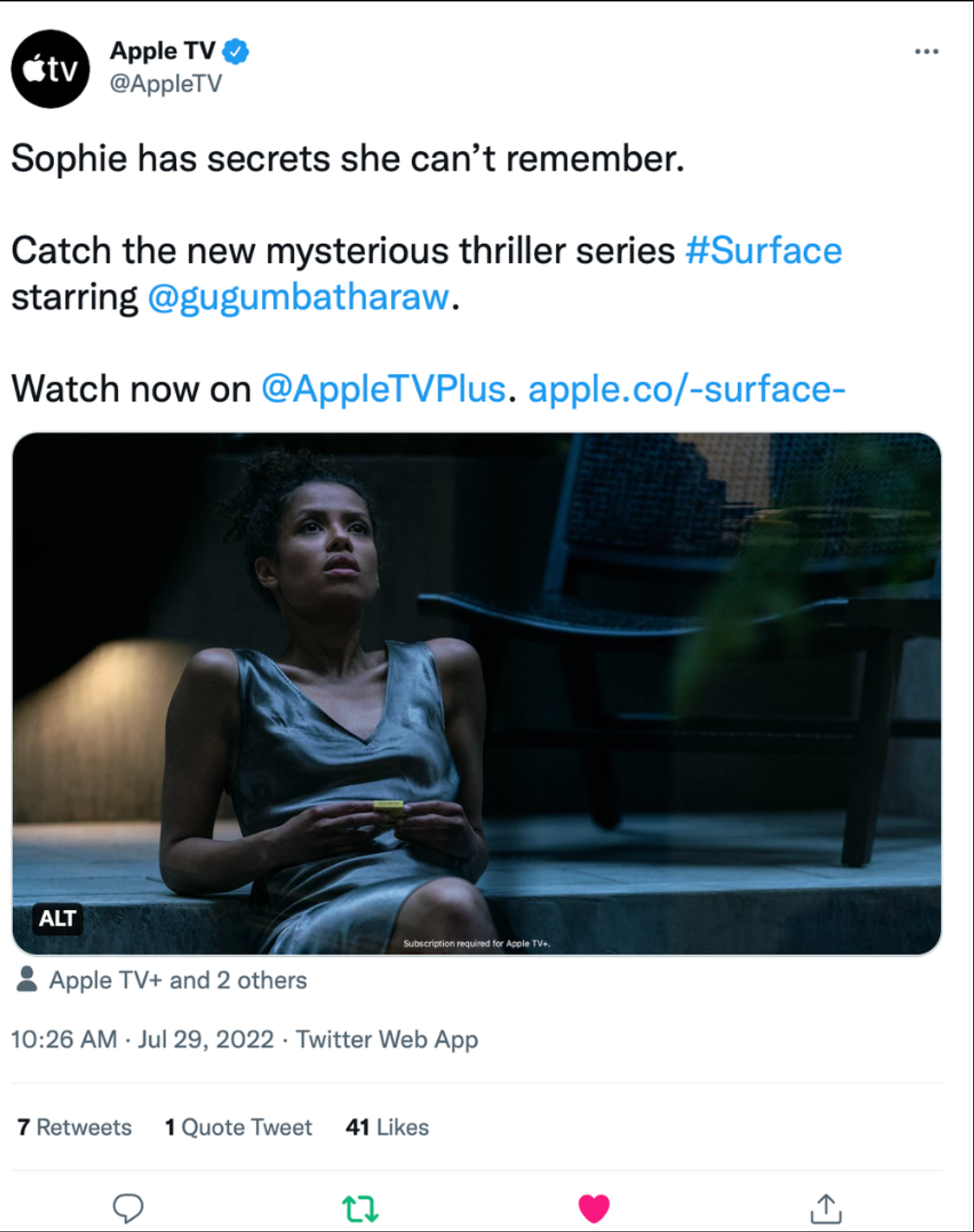 Apple TV social post for Surface: 'Sophie has secrets she can't remember.'