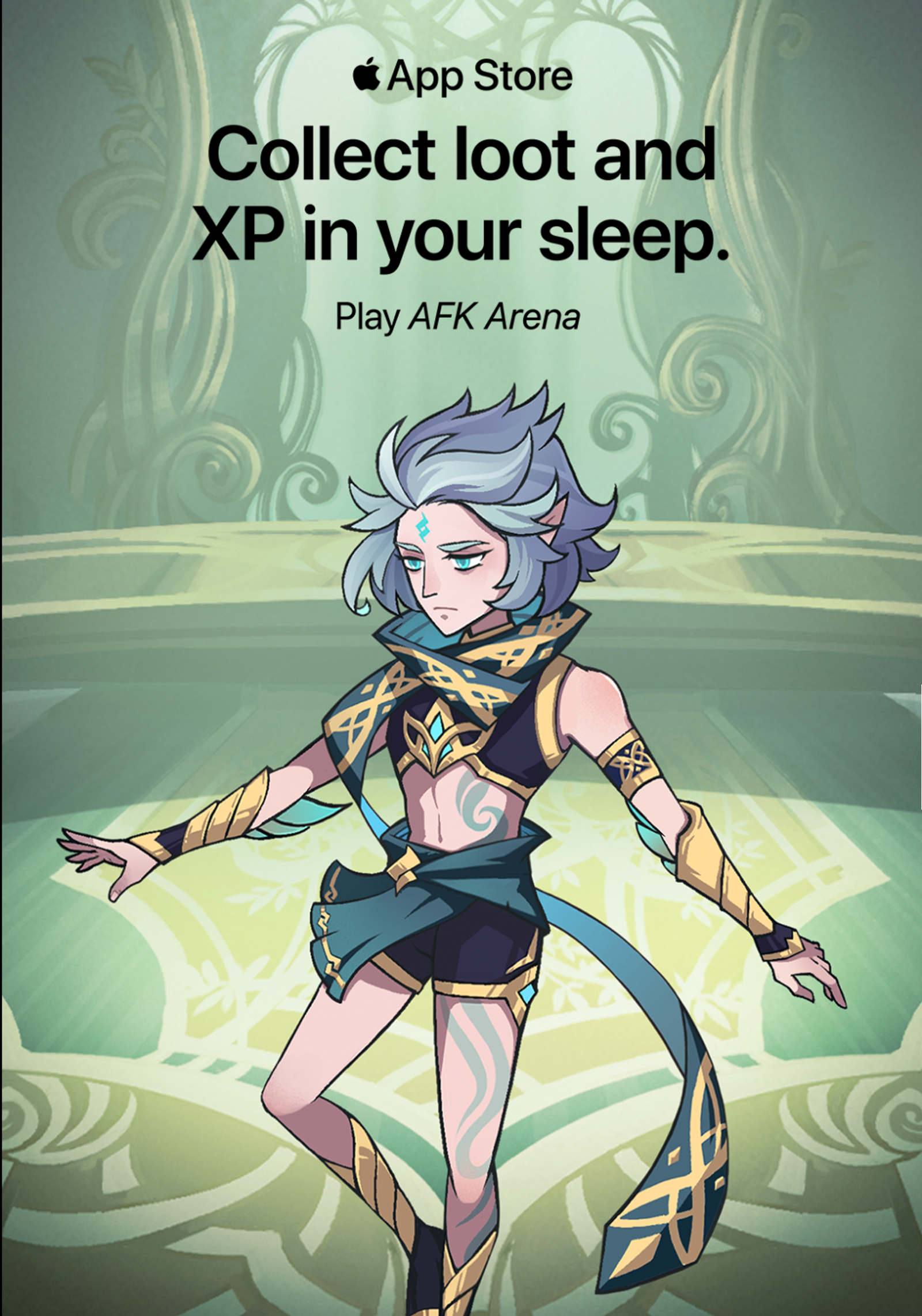 App Store ad: 'Collect loot and XP in your sleep. Play AFK Arena', with an illustrated fantasy hero