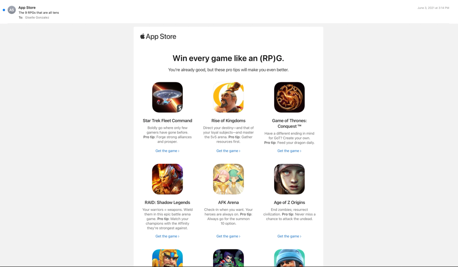 App Store email: 'Win every game like an (RP)G.', a grid of game tips including Star Trek Fleet Command, Rise of Kingdoms, Game of Thrones: Conquest, RAID: Shadow Legends and AFK Arena