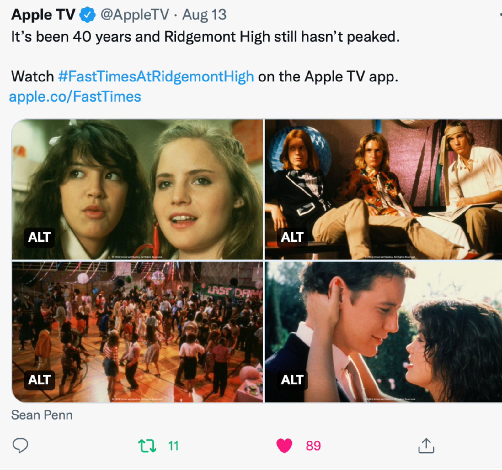 Apple TV social post for Fast Times at Ridgemont High: 'It's been 40 years and Ridgemont High still hasn't peaked.'
