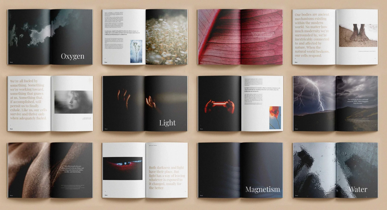 Twelve spreads from a Therabody book, with chapters including Oxygen, Light, Magnetism and Water