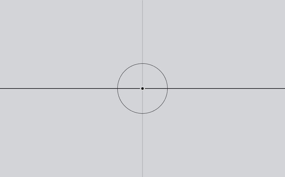 A symmetrical abstract diagram features a horizontal line with a black dot on the left and a red dot on the right, intersected by a central vertical line. Two prominent solid ellipses are surrounded by smaller and larger dotted ellipses along the horizontal line.