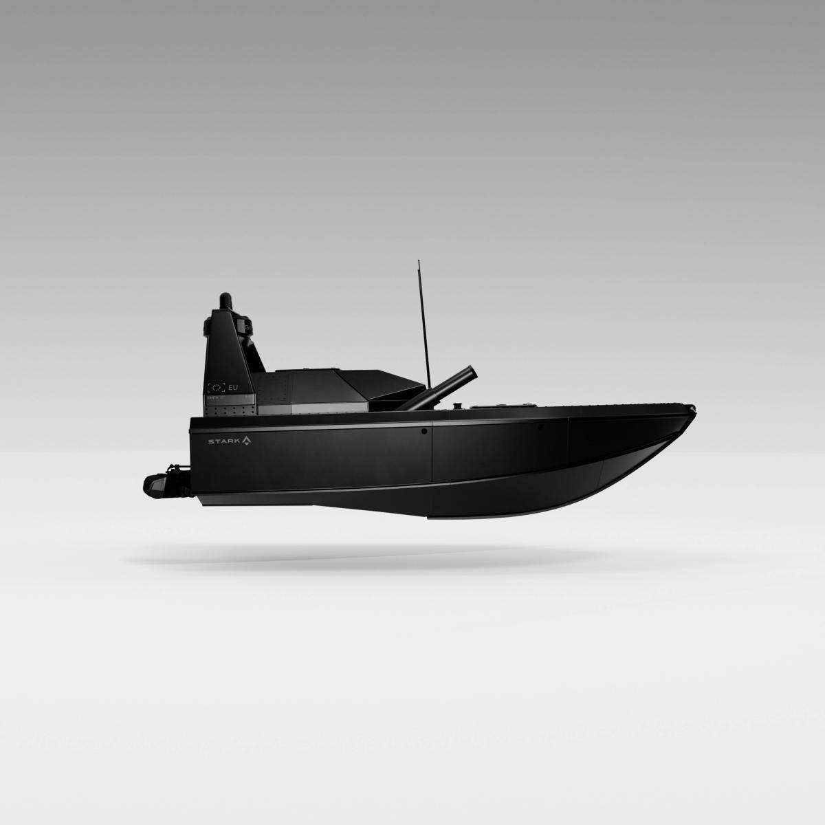Sleek, dark grey, futuristic powerboat floating against a light grey background.
