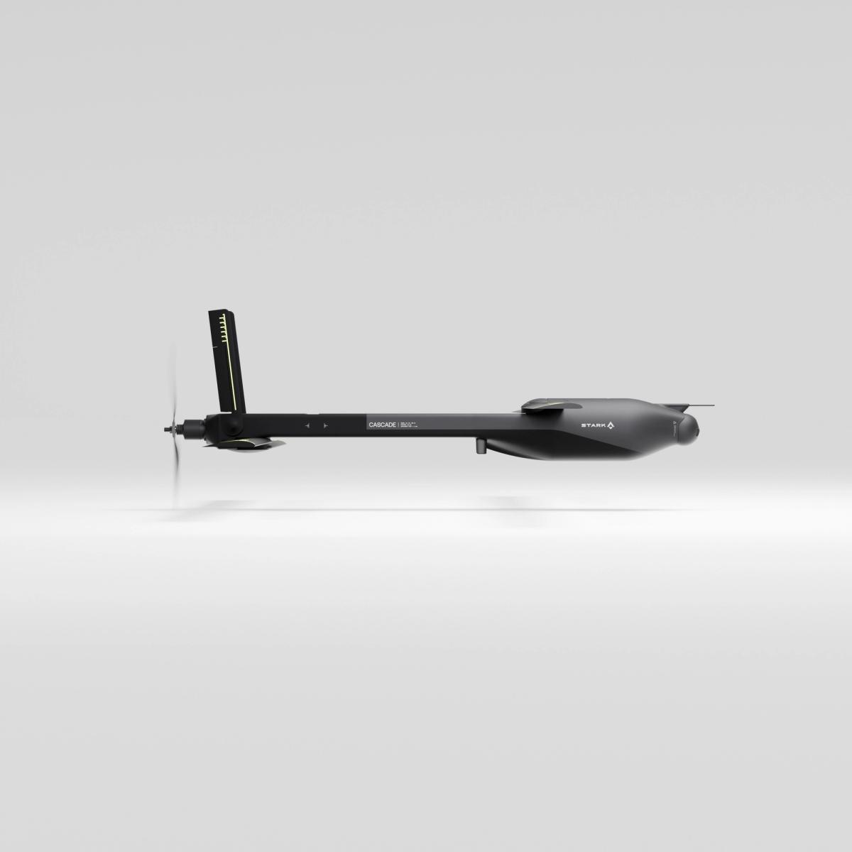 A dark gray, slender DAKOTA 360 drone with a propeller and rear sensor module, viewed from the side against a light background.