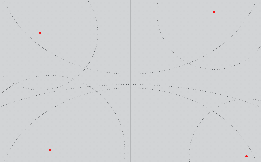 A light gray image with intersecting black horizontal and gray vertical lines, four red dots, and multiple dotted gray curves.