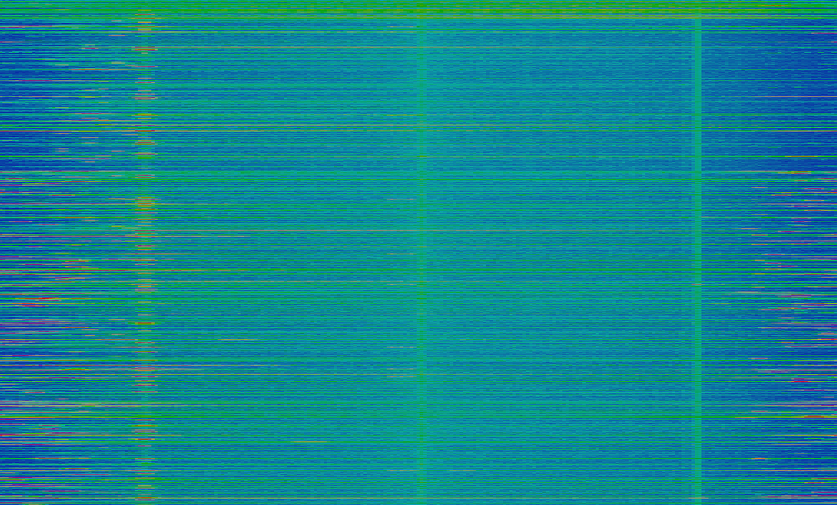 Abstract image of horizontal blue and green lines, with reddish accents and distinct vertical lines.