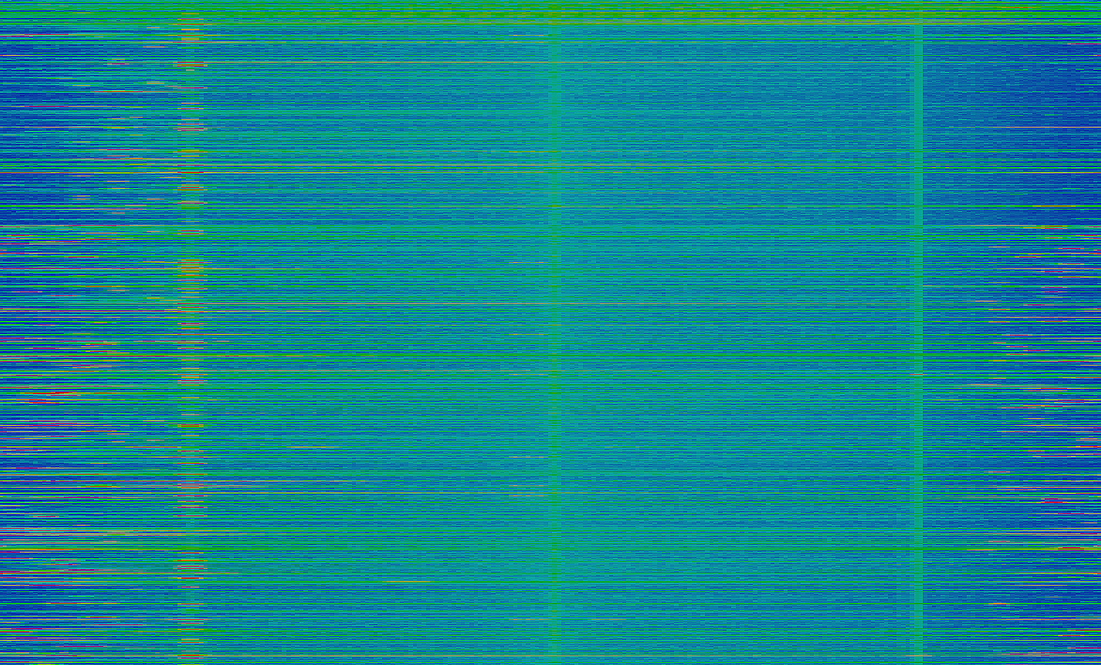 Abstract pattern of horizontal lines in blues and greens, with a grainy texture and a vertical band on the right.
