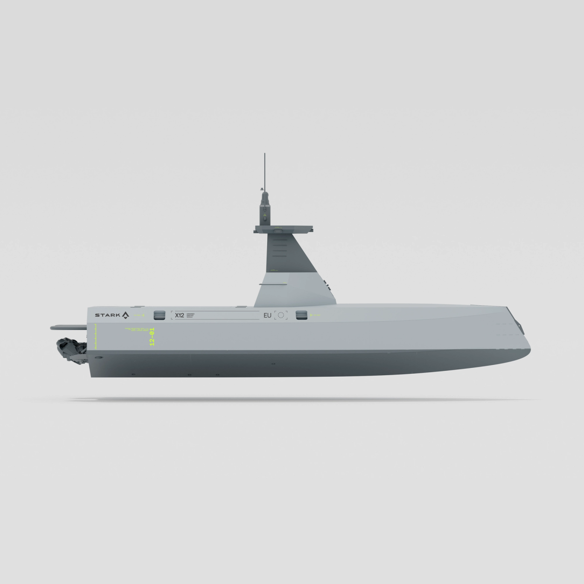 Side profile of a futuristic grey drone ship with a small radar mast.