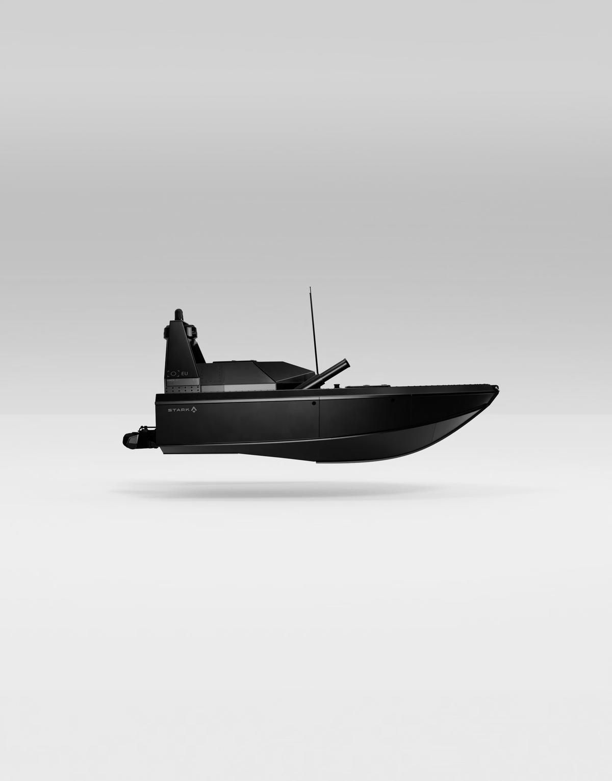 A sleek, black, modern boat with an antenna, shown in profile.