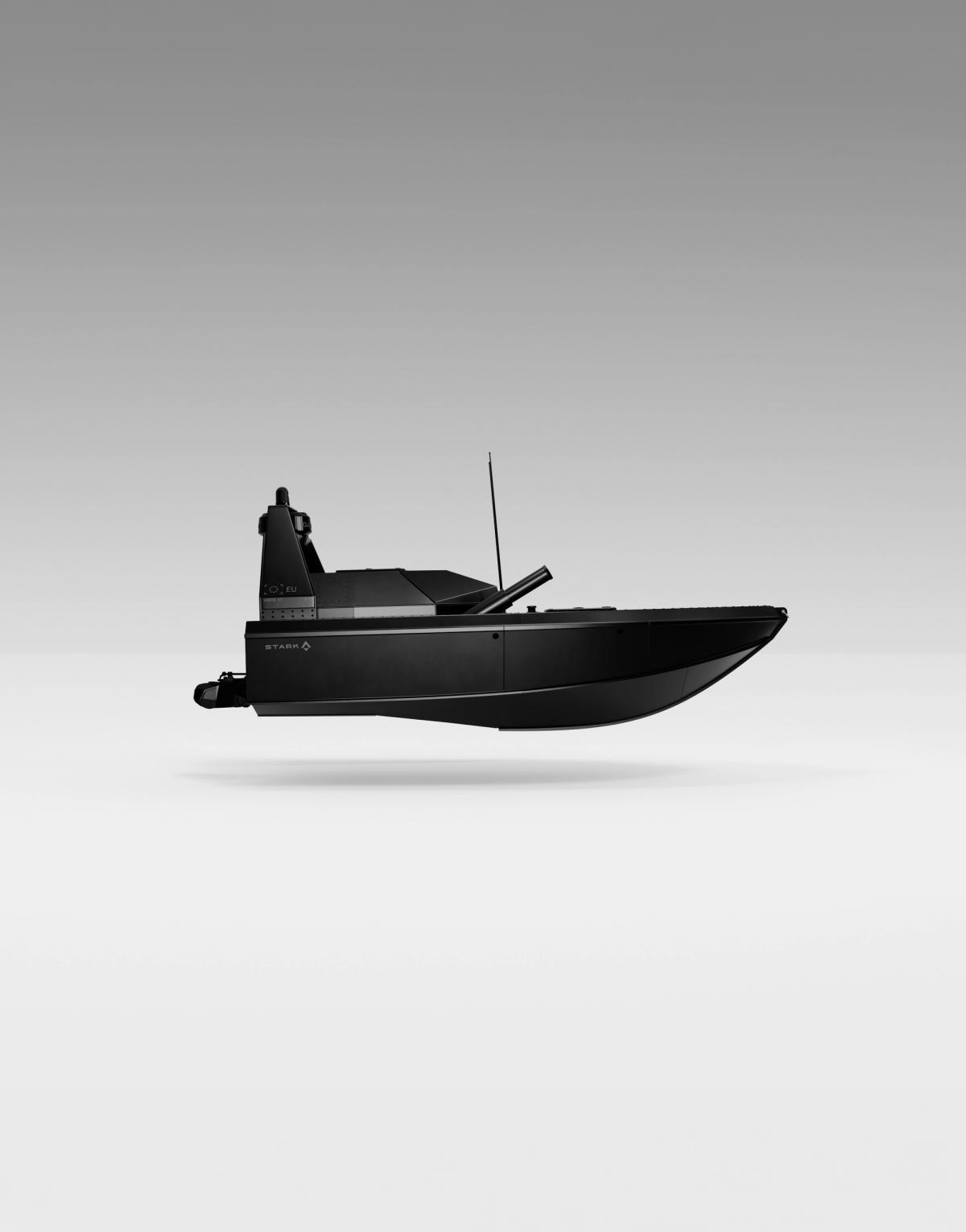 A sleek, black, minimalist motorboat.