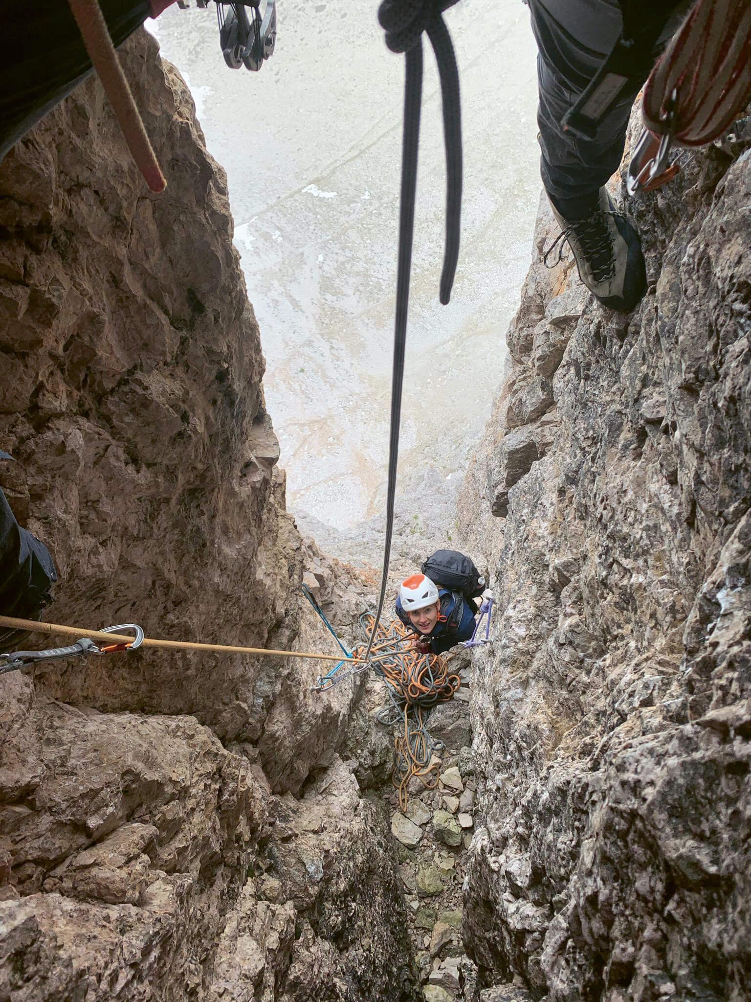 Climbing to the summit of the 'Kleine Zinne' in the Dolomites.