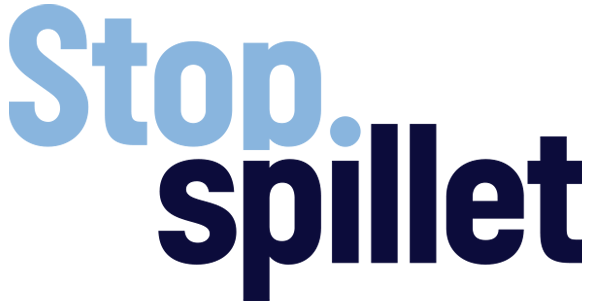Billede af StopSpillets logo. 'Stop' står skrevet øverst med en lyseblå skrifttype, hvor der nedenunder står 'spillet' skrevet med en mørkere farve. I'et i spillet er placeret, så det ligner et punktum efter stop.