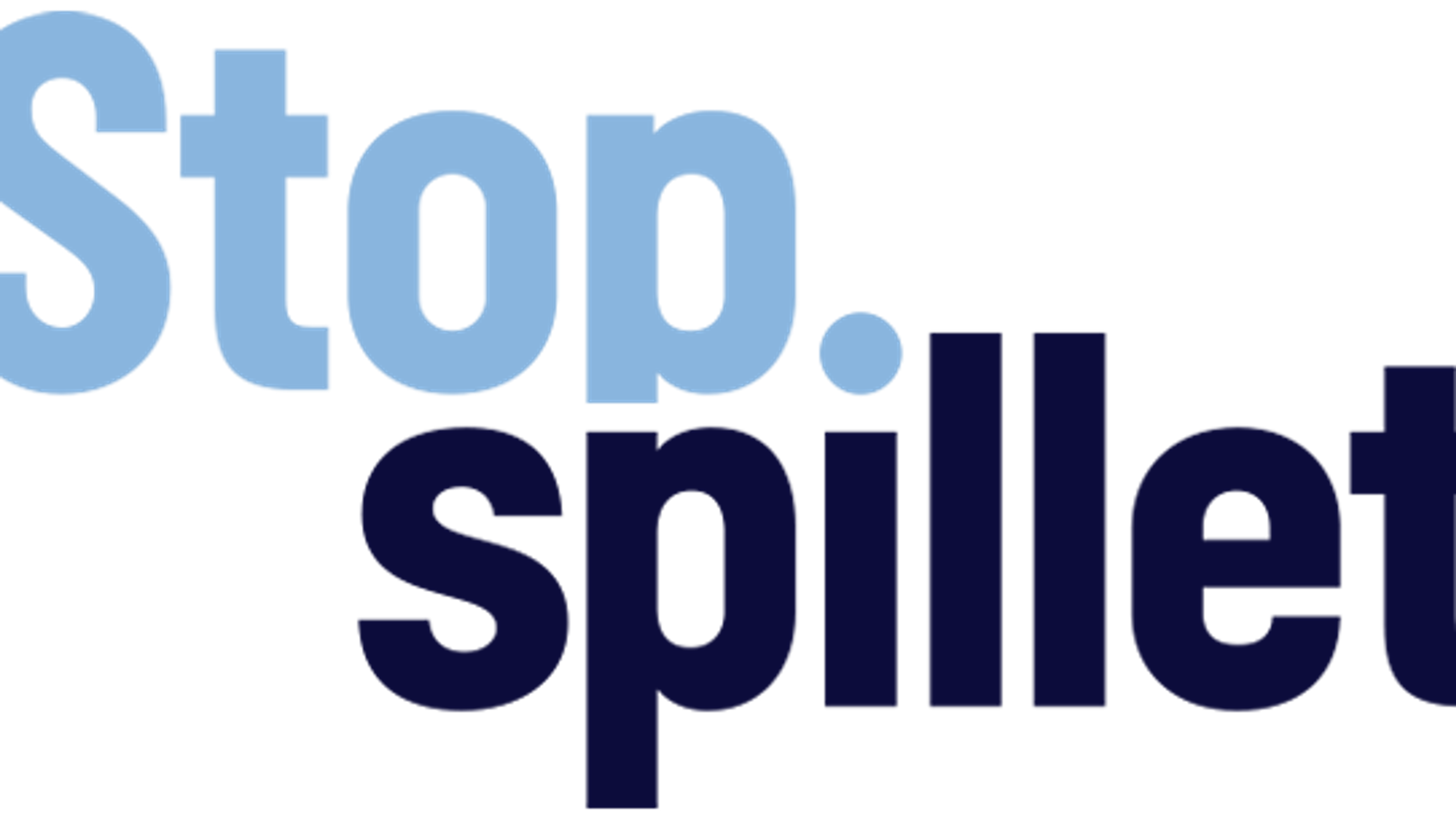 Billede af StopSpillets logo. 'Stop' står skrevet øverst med en lyseblå skrifttype, hvor der nedenunder står 'spillet' skrevet med en mørkere farve. I'et i spillet er placeret, så det ligner et punktum efter stop.