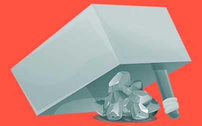 På billedet ses en kasse, der holdes oppe med en pind. Hvis denne pind fjernes, ryger kassen ned og fanger en bunke med sten, der skal symbolisere pengefælder i spil.