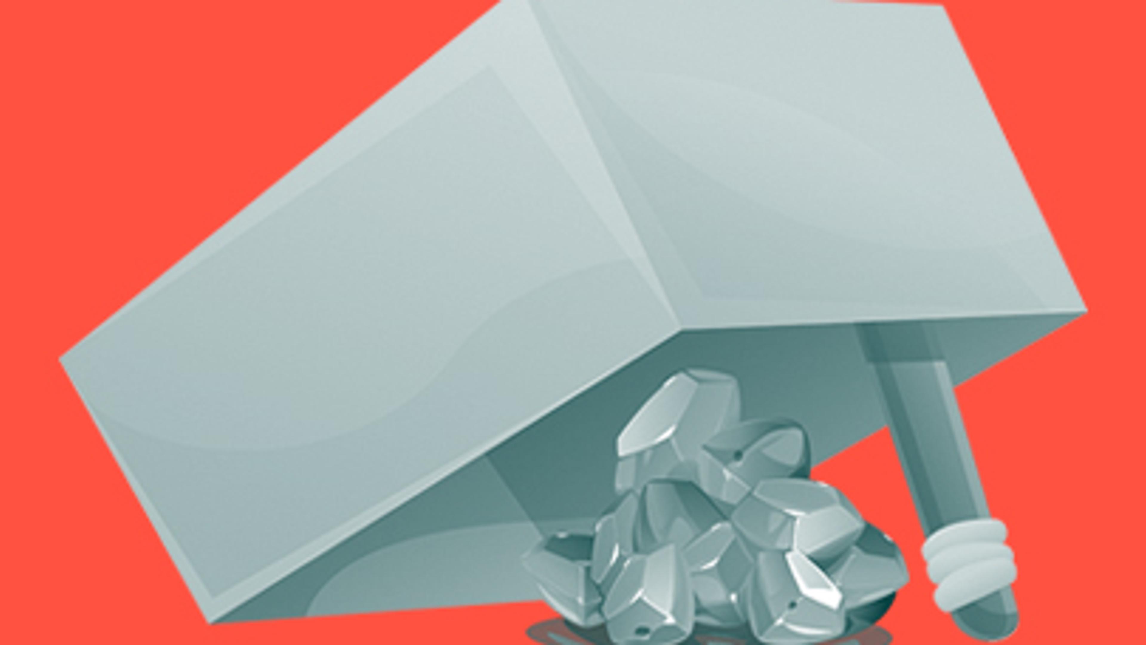 På billedet ses en kasse, der holdes oppe med en pind. Hvis denne pind fjernes, ryger kassen ned og fanger en bunke med sten, der skal symbolisere pengefælder i spil.