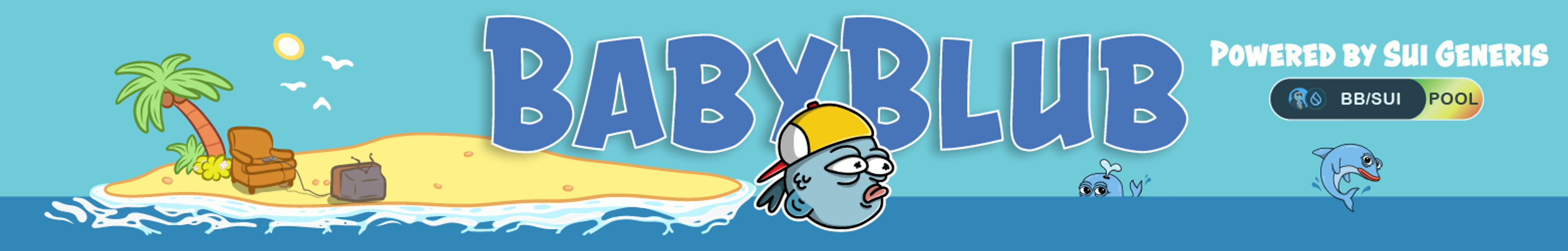 Baby Blub Club logo banner above a tropical island and ocean characters.