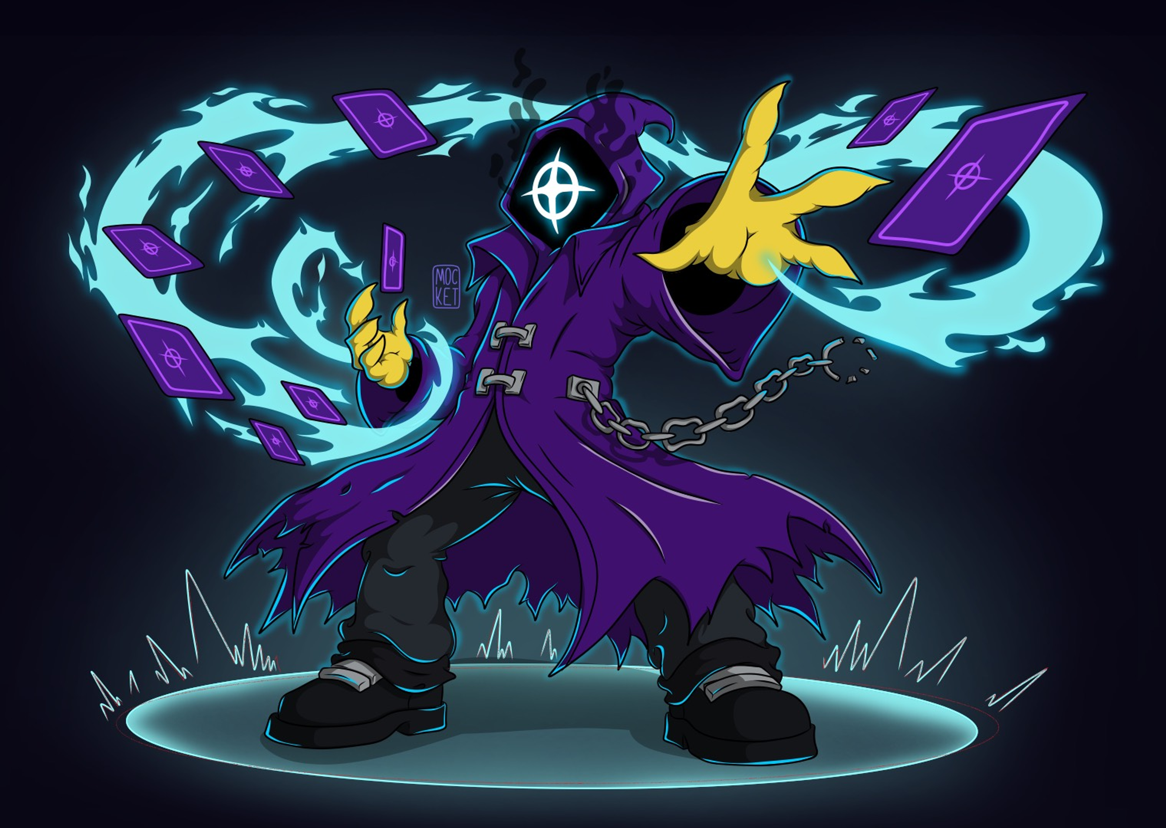 Purple hooded wraith casting cards through blue flames.