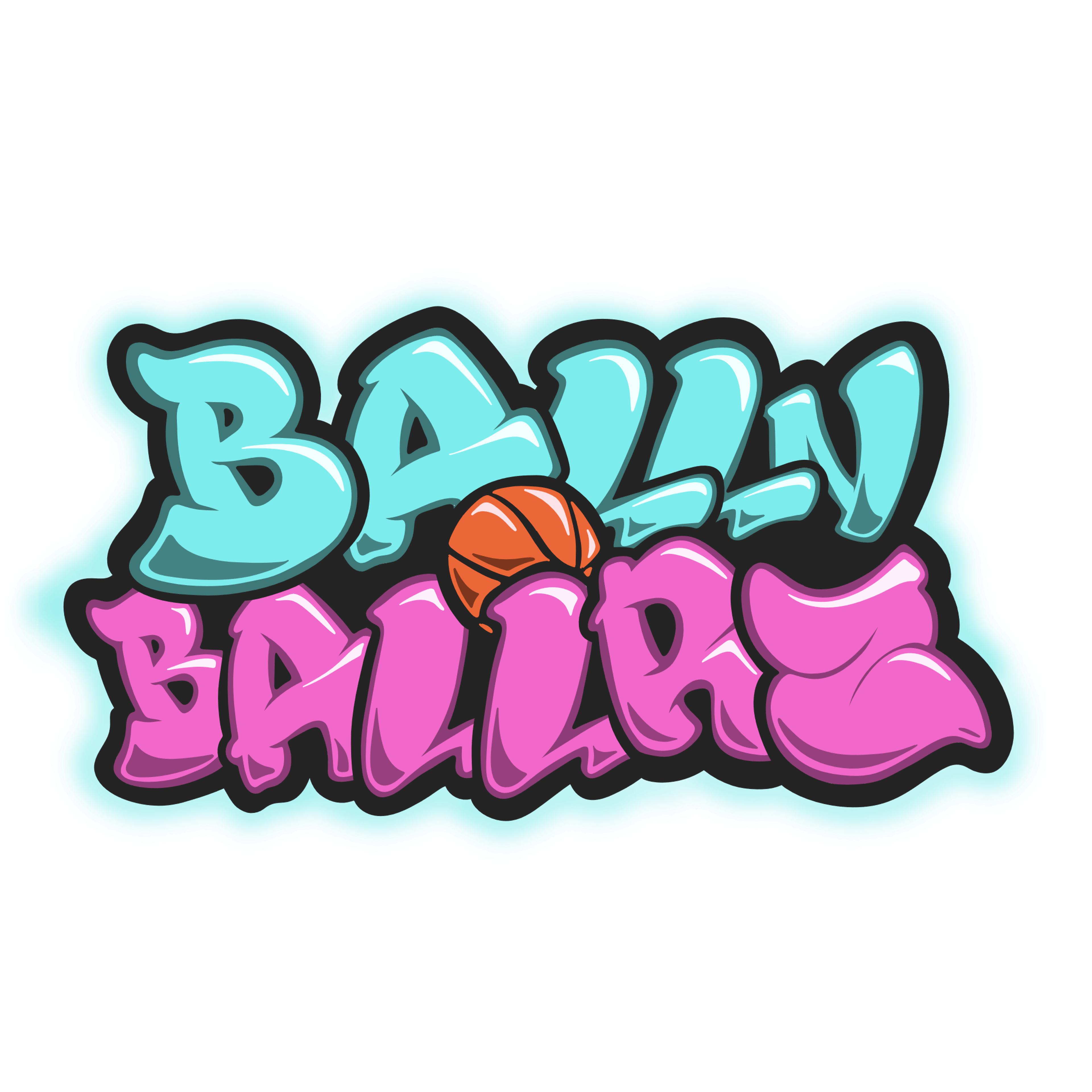 Ballin' Ballerz logo in cyan and pink lettering.