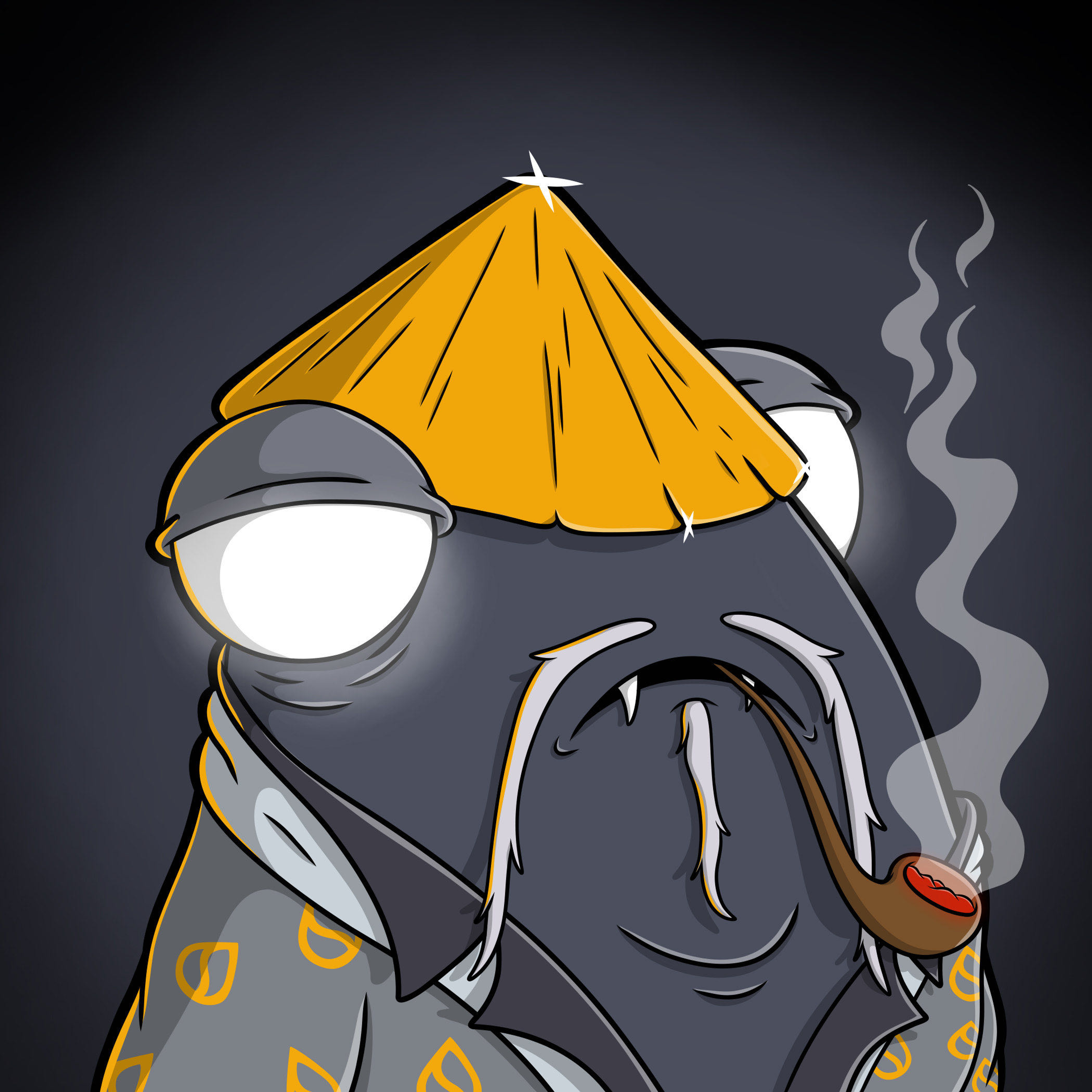 One-of-one Blork character wearing a golden hat and smoking a pipe.