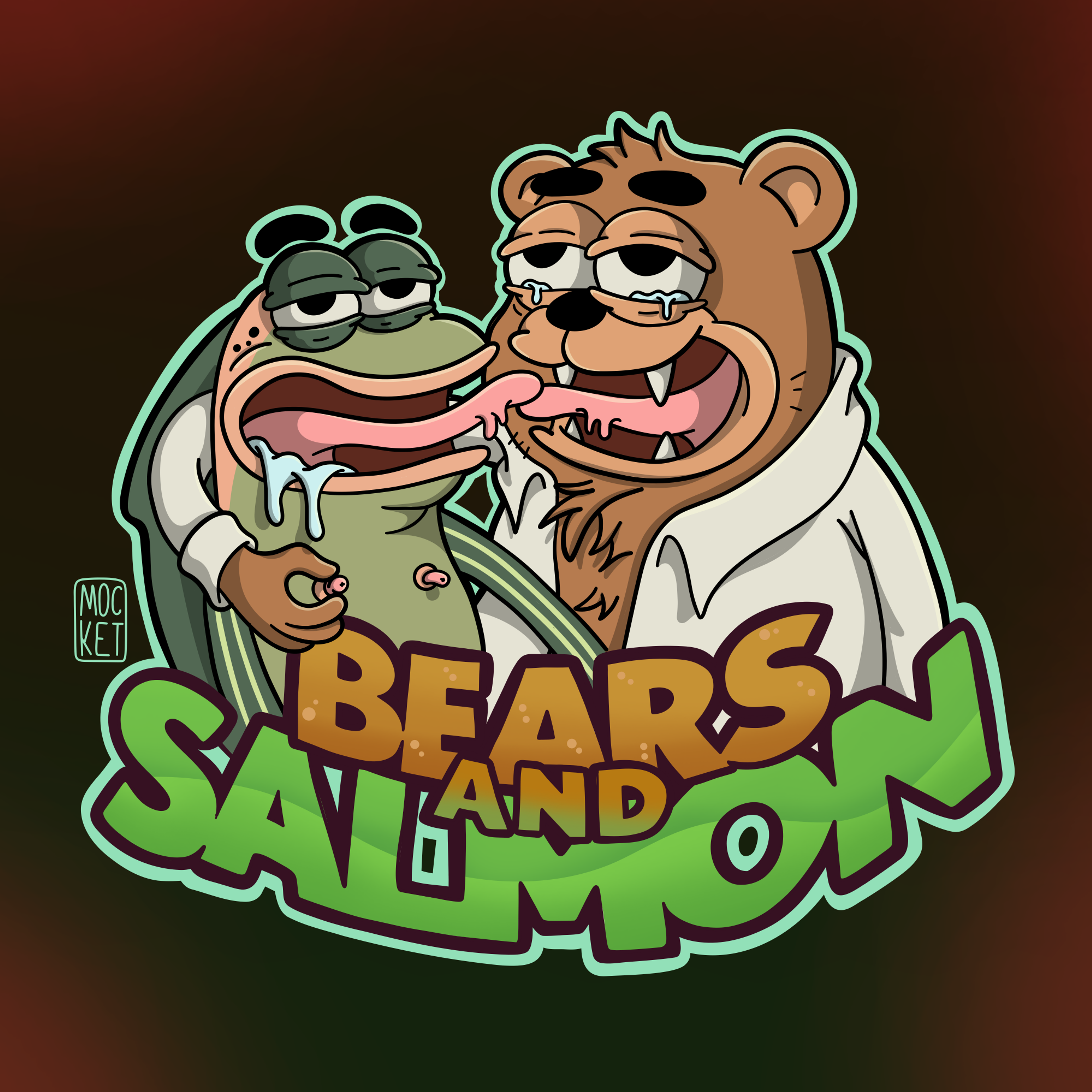Bears and Salmon character illustration.