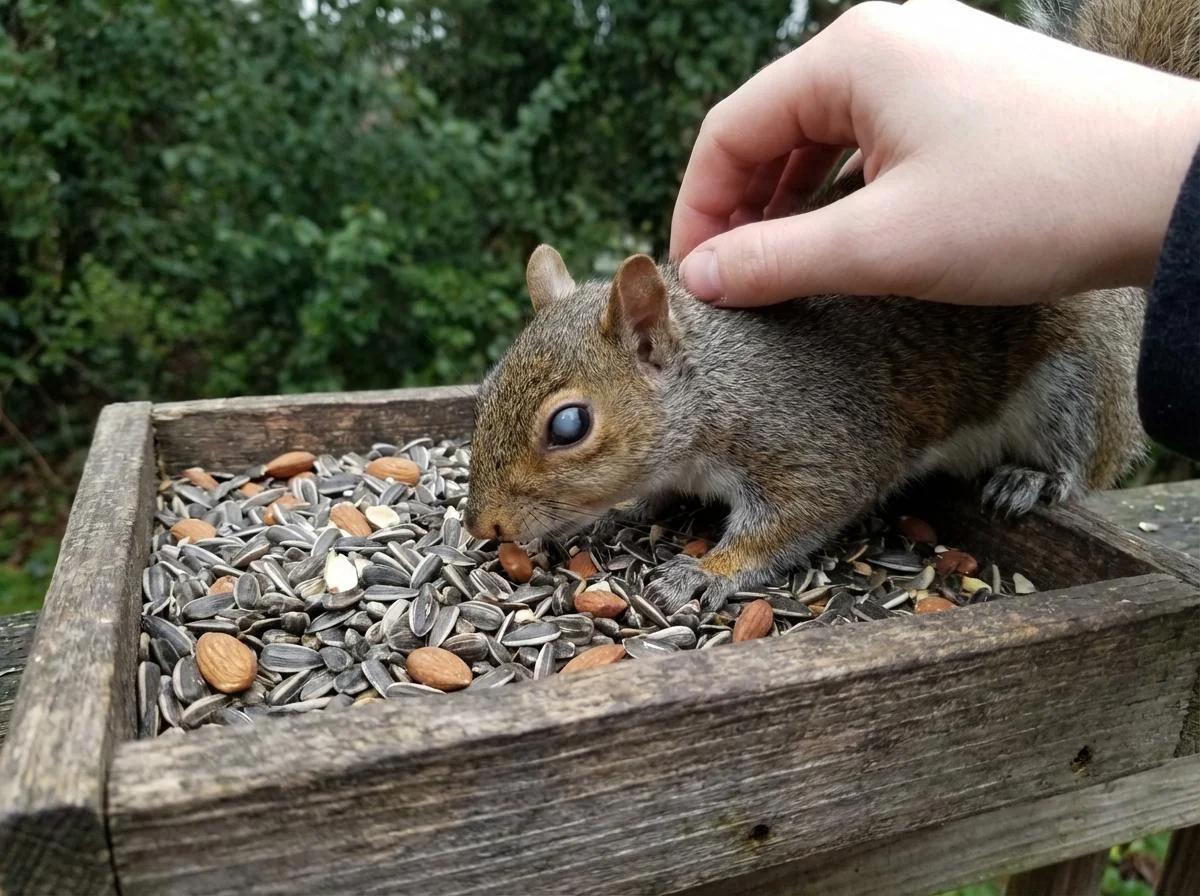 A person's hand gently petting the back of a brown and grey squirrel with a cloudy blind eye as it eats nuts and seeds on a wooden feeder.