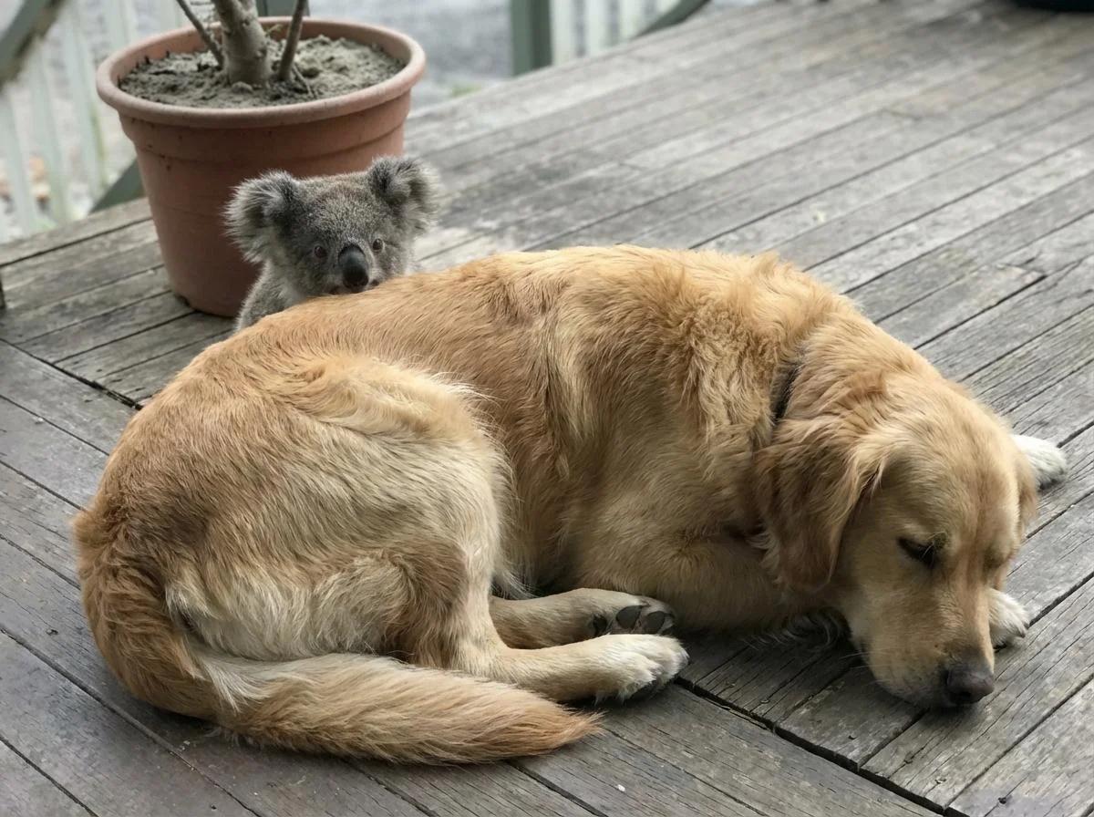 A fluffy baby koala peeking over the back of a sleeping golden retriever on a wooden porch.
