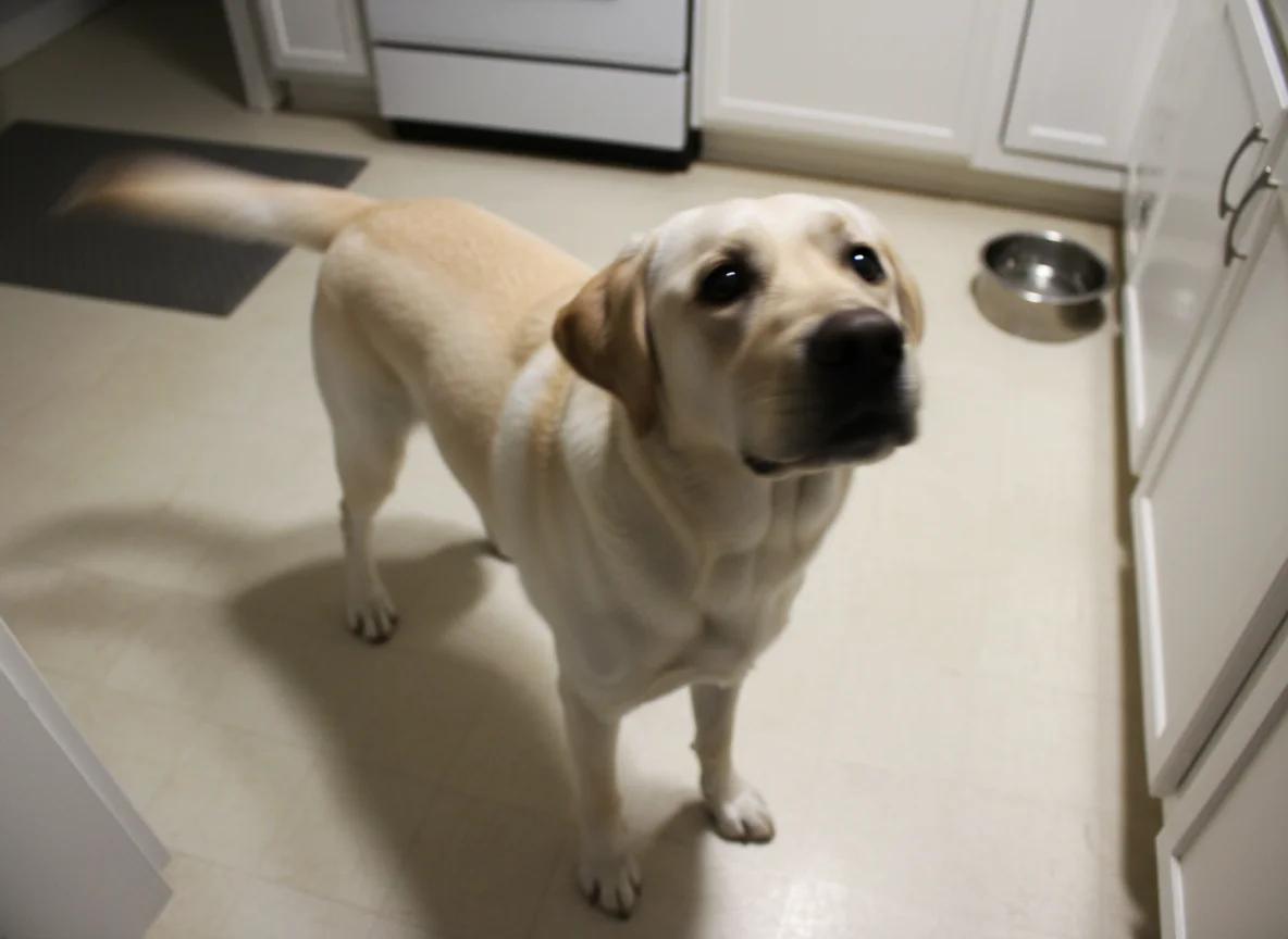 An ecstatic yellow Labrador Retriever with his tail wagging, looking up expectantly in a kitchen.