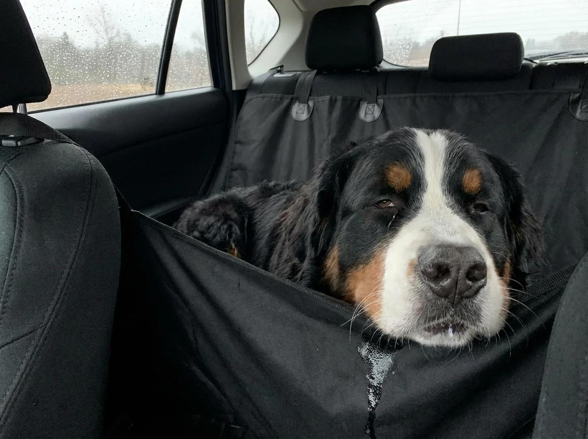 A close up of a happy Bernese Mountain Dog's face as he sits outside.