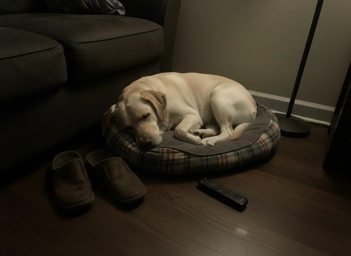 A yellow Labrador Retriever lying on a wooden floor, looking up with sad, confused eyes.