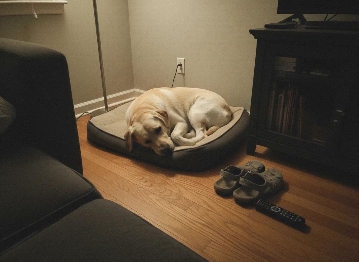 A sad-looking yellow Labrador Retriever with its head on its paws, lying on a dog bed.