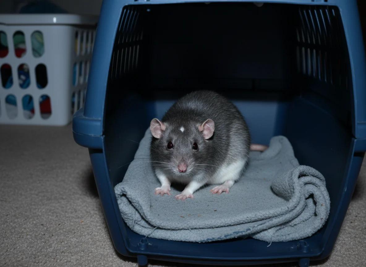 A single-level pet cage set up with soft fleece and a low hammock, with a grey rat peeking out.