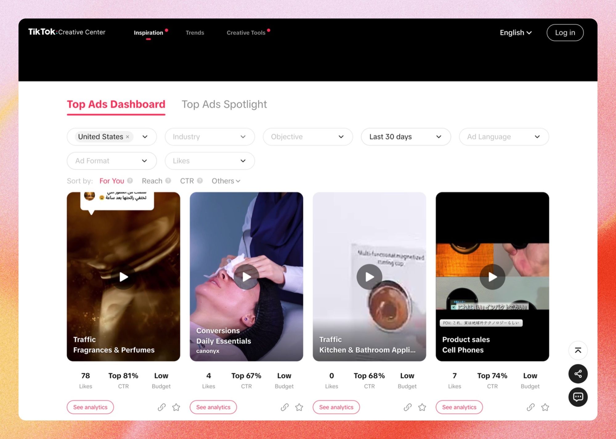 TikTok Creative Center Top Ads dashboard
