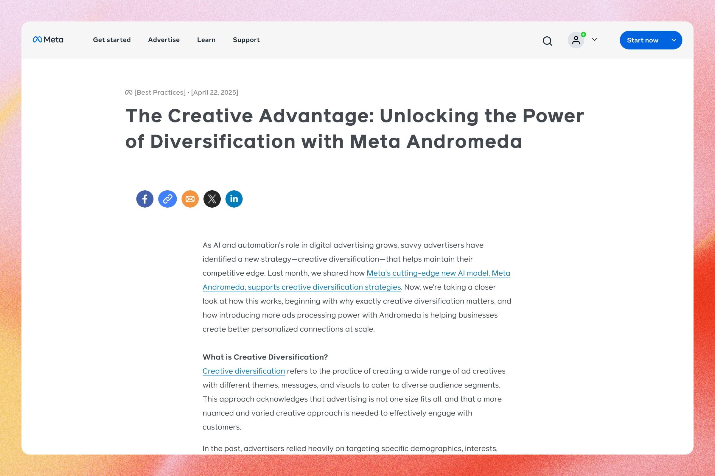 Screenshot of Meta's April 22, 2025 post The Creative Advantage: Unlocking the Power of Diversification with Meta Andromeda