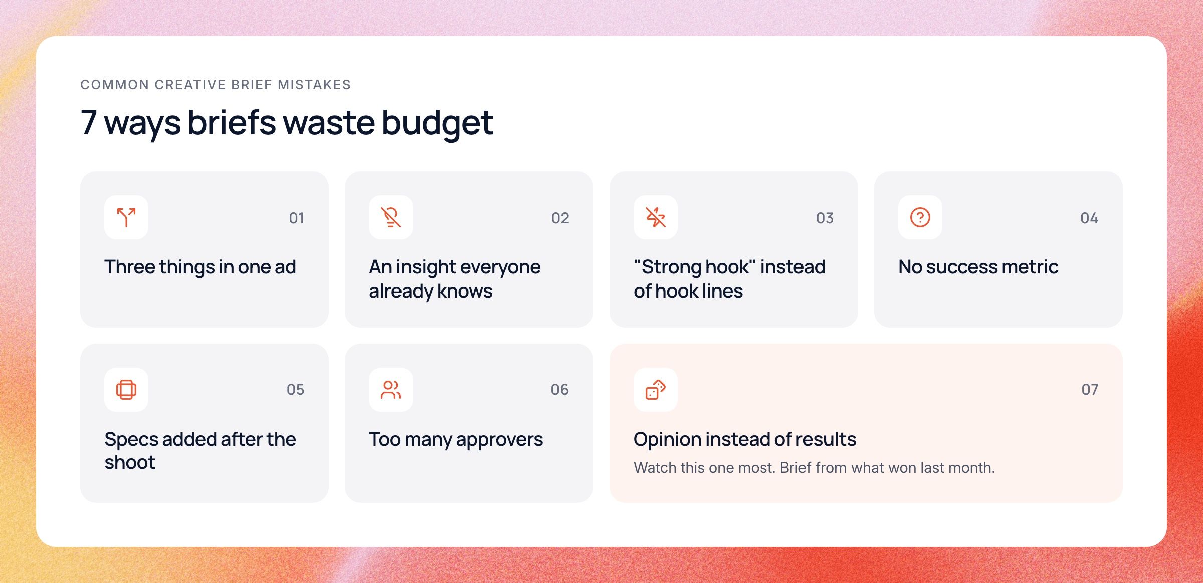 Seven common creative brief mistakes as icon cards, with opinion instead of results highlighted.