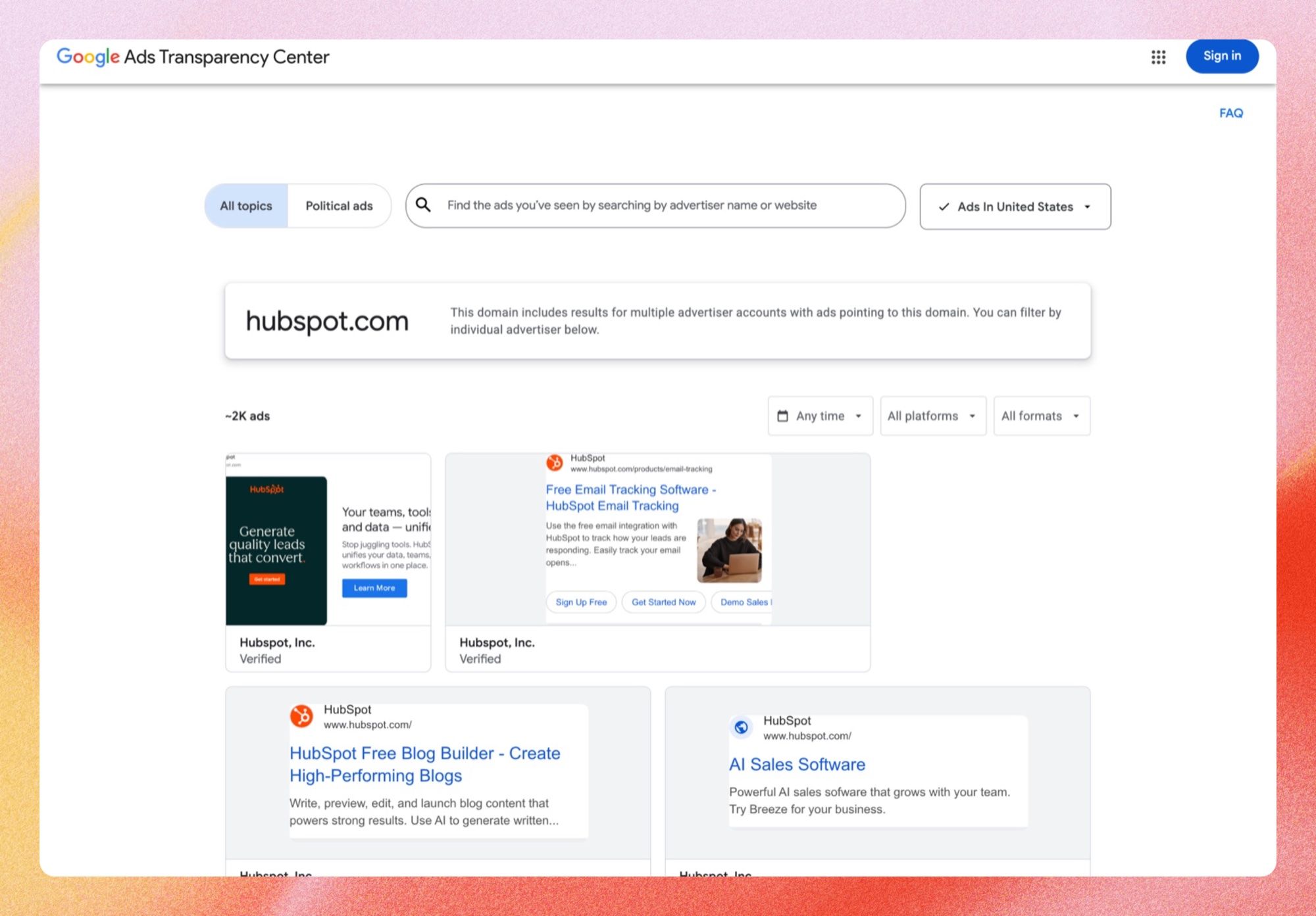 Google Ads Transparency Center results for hubspot.com