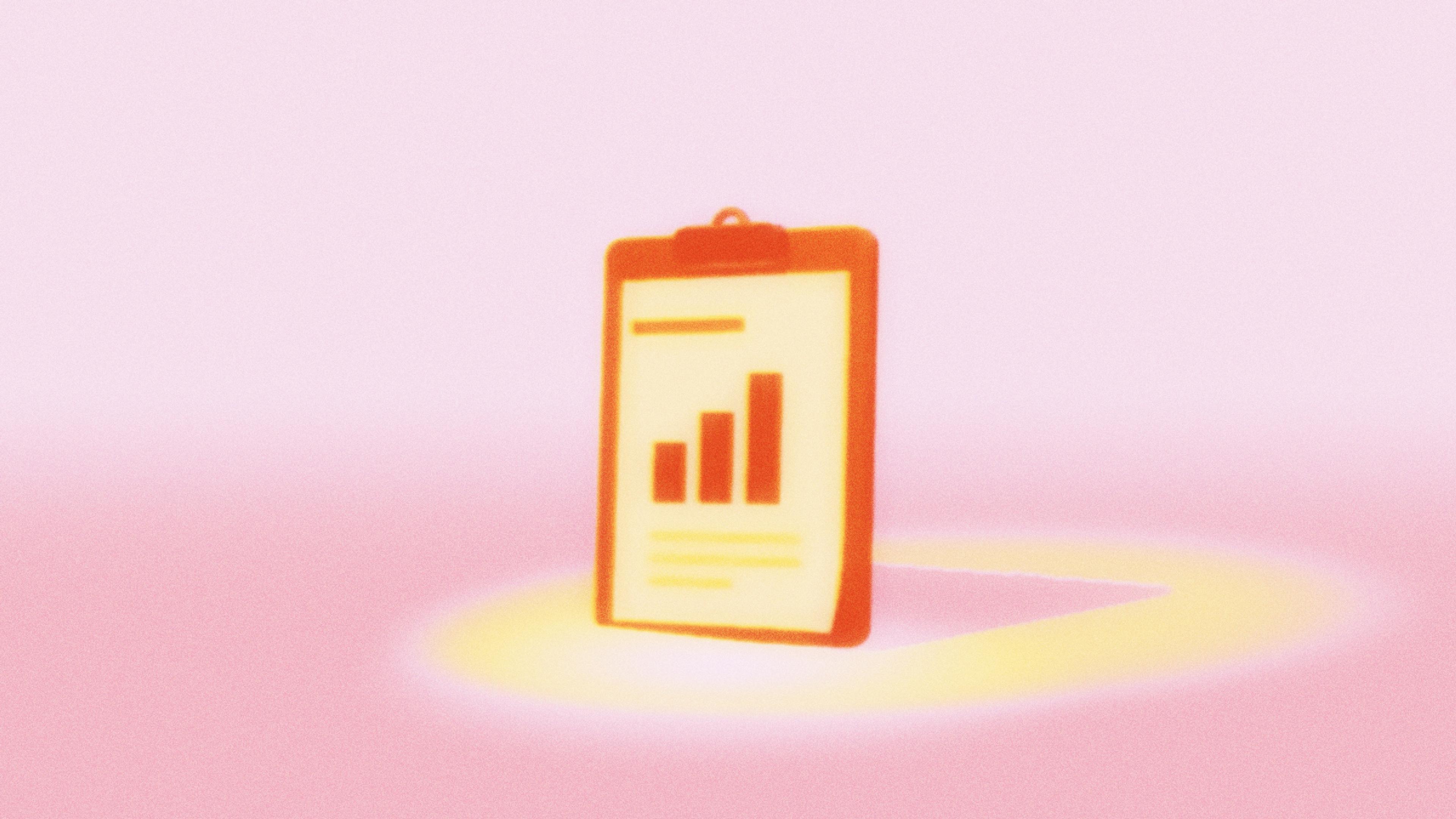 A clipboard holding a one-page report with three rising bars, in a warm pink and orange light