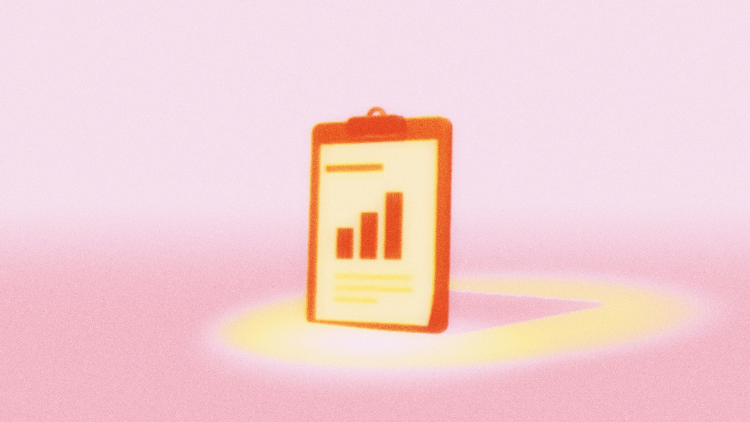 A clipboard holding a one-page report with three rising bars, in a warm pink and orange light