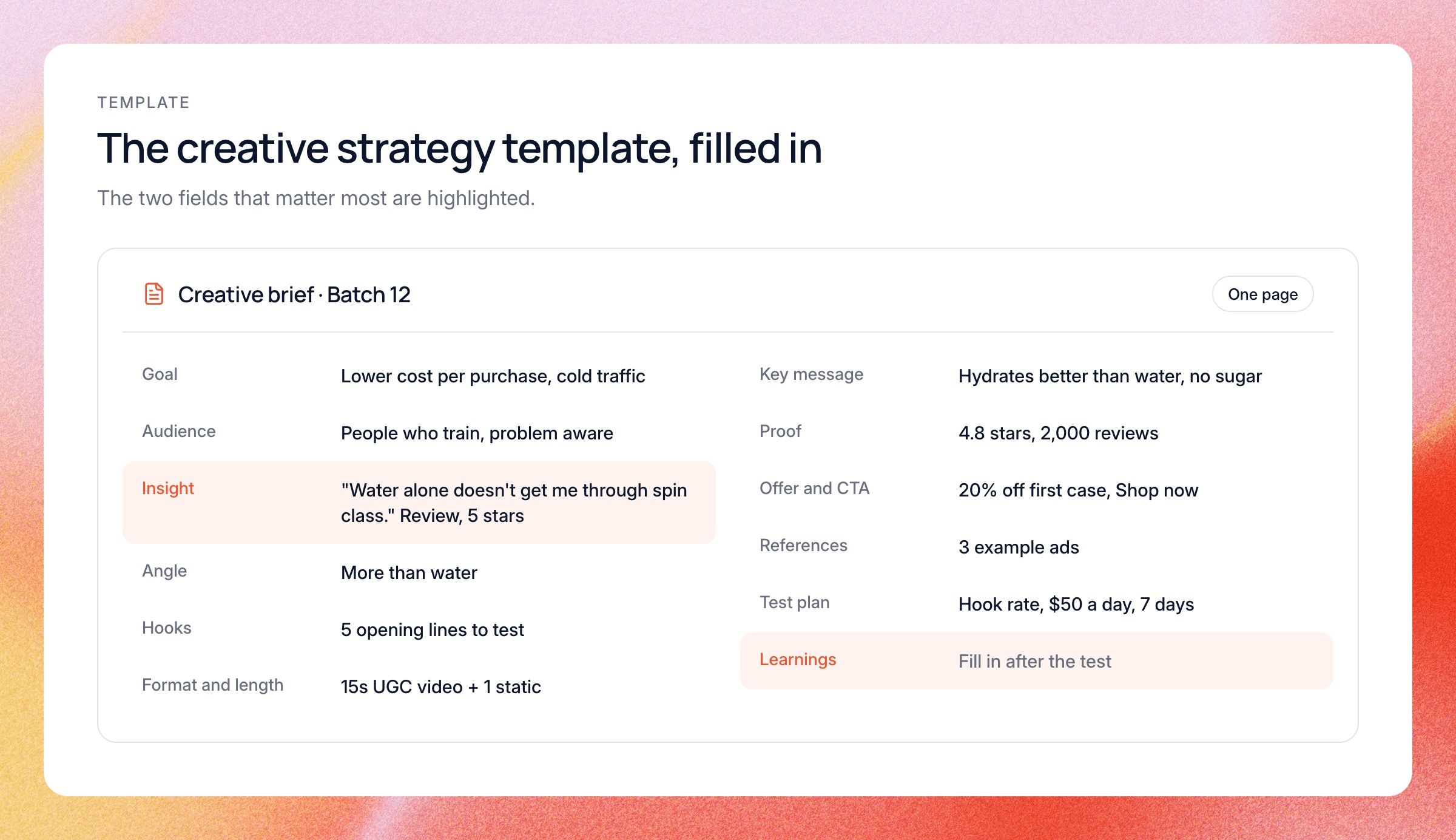 A one-page creative brief filled in with an example, with fields for goal, audience, insight, angle, hooks, format, key message, proof, offer, references, test plan and learnings. Insight and learnings are highlighted.