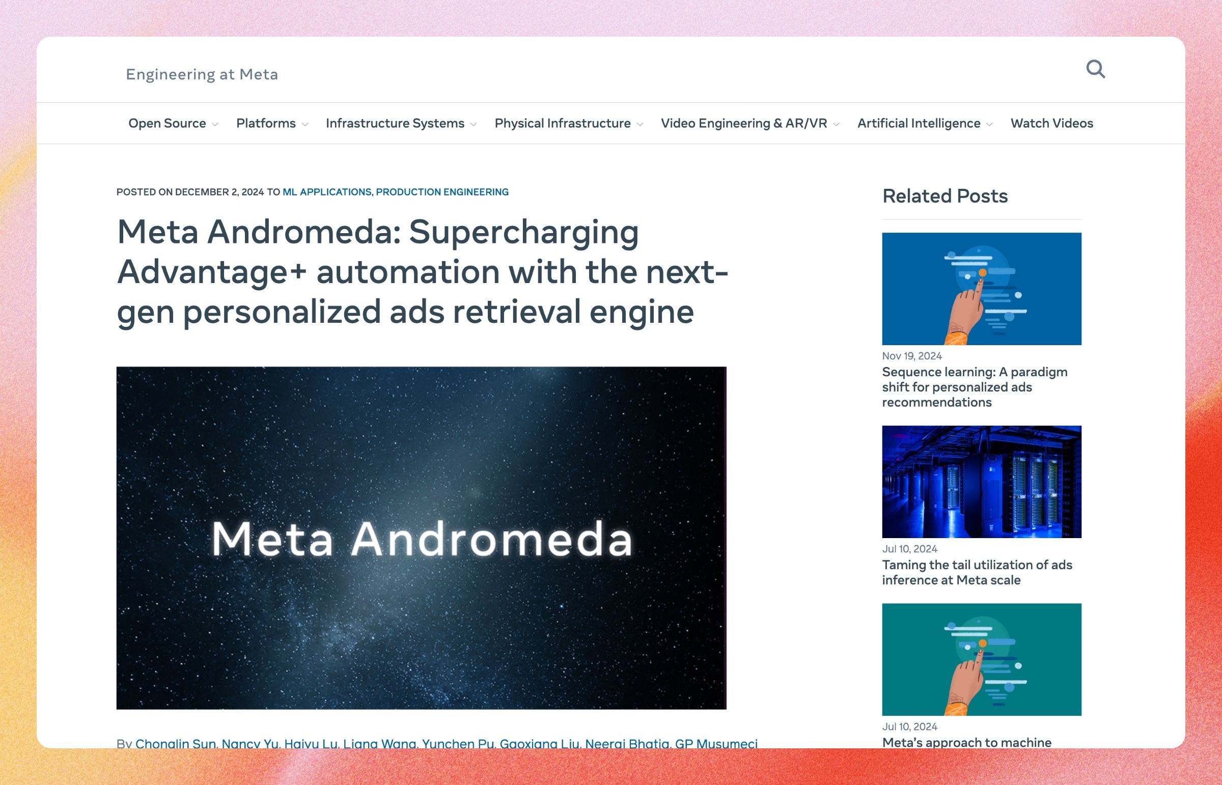 Screenshot of Meta's engineering blog post from December 2, 2024 introducing Meta Andromeda, its personalized ads retrieval engine