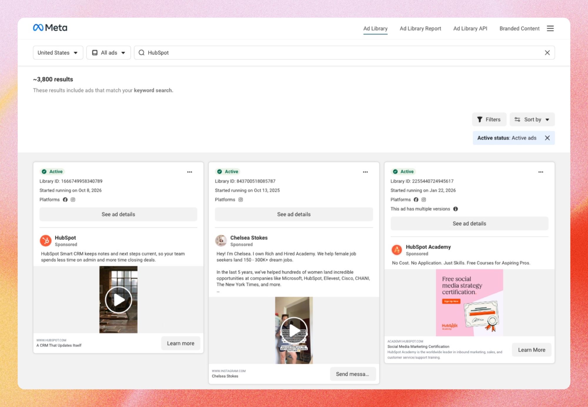Meta Ad Library search results for HubSpot