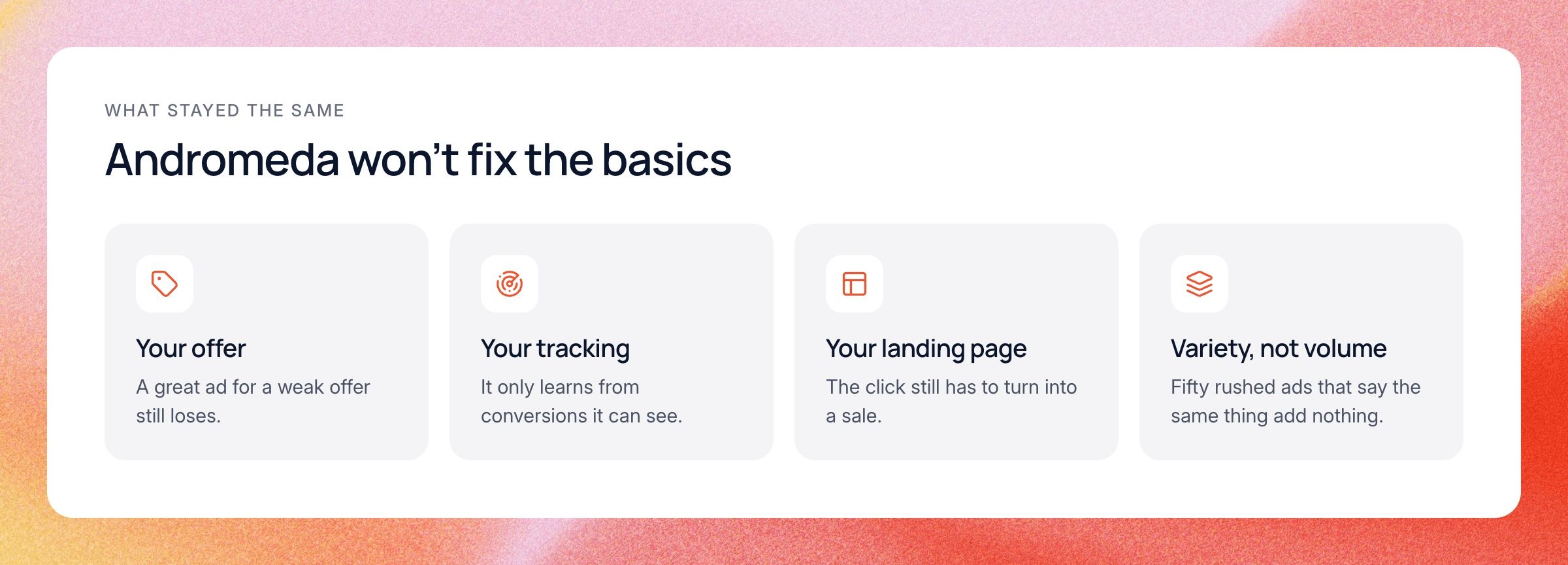 What Andromeda didn't change: your offer, your tracking, your landing page, and variety beats volume