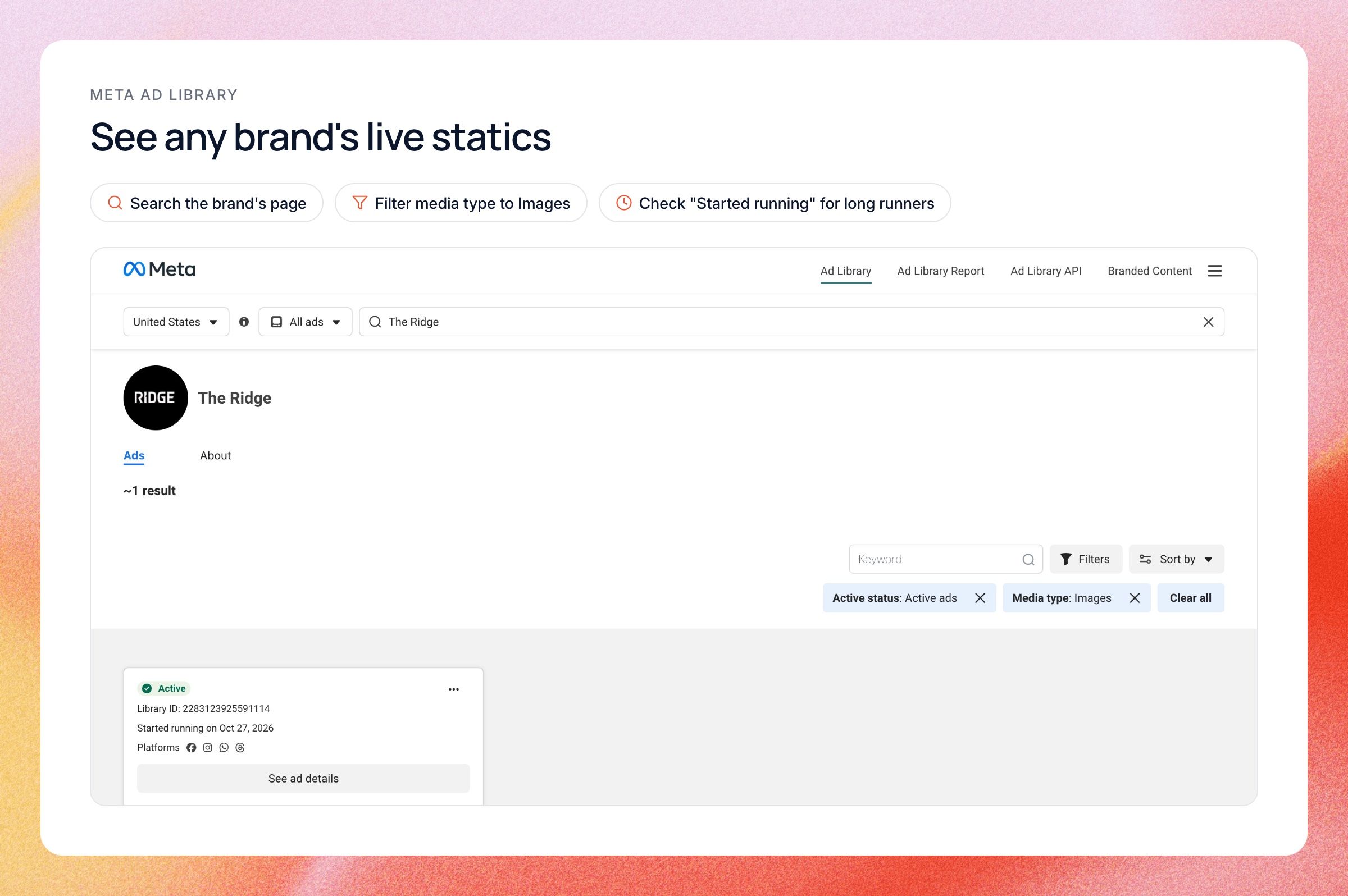 Meta Ad Library showing a brand's page with the media type filter set to Images and the started running date on each ad