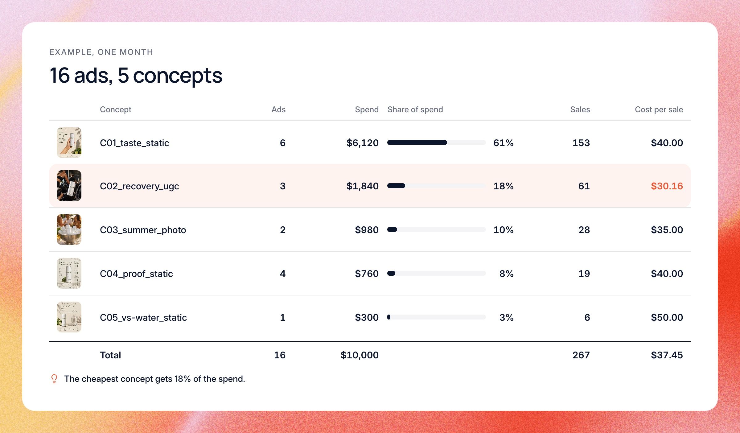 Example month grouped by concept: 16 ads in 5 concepts, $10,000 spend and 267 sales. C01 takes 61% of spend at $40 per sale, while the cheapest concept, C02 at $30.16, gets 18%