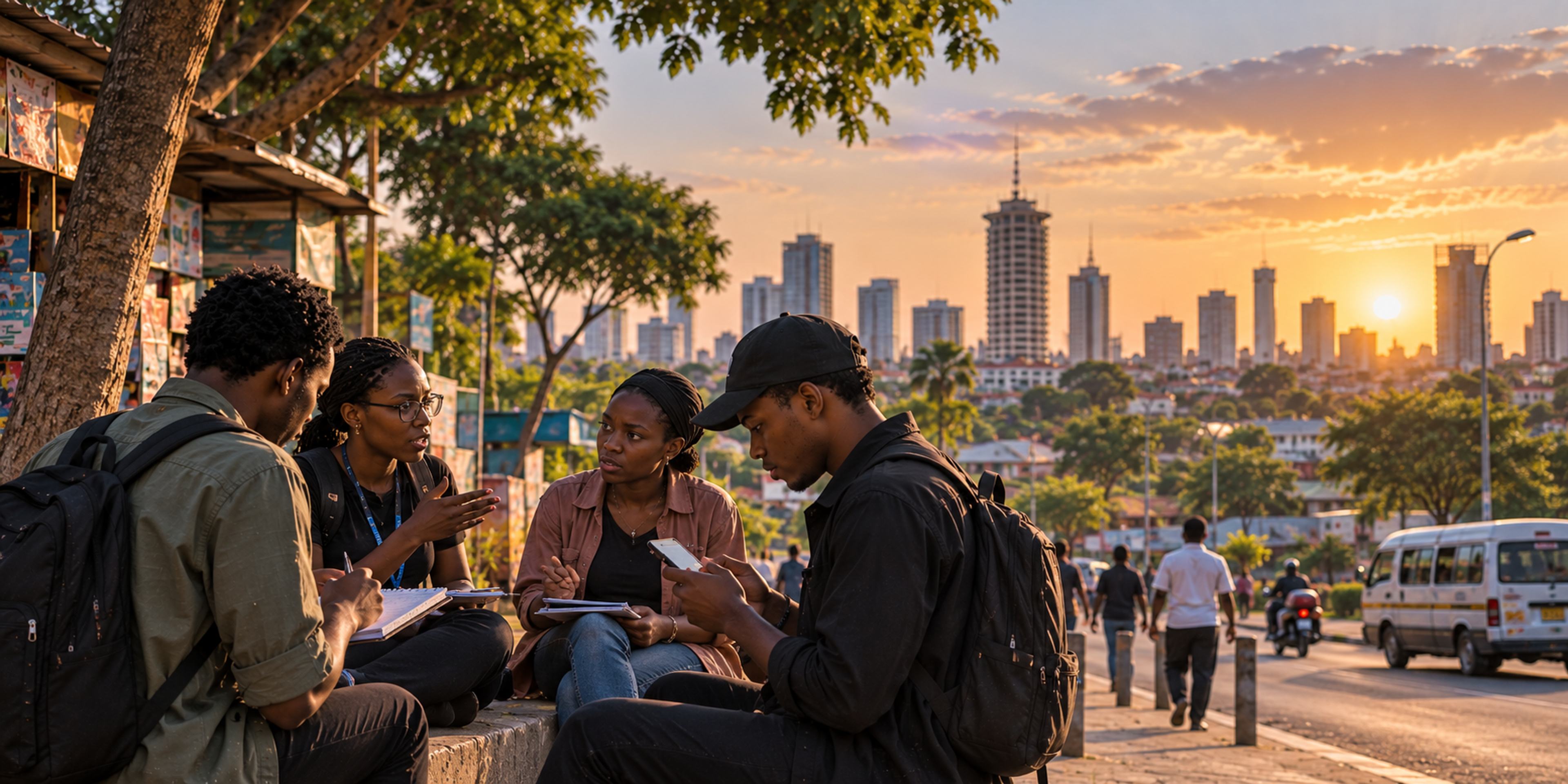 A crowded market street at sunset