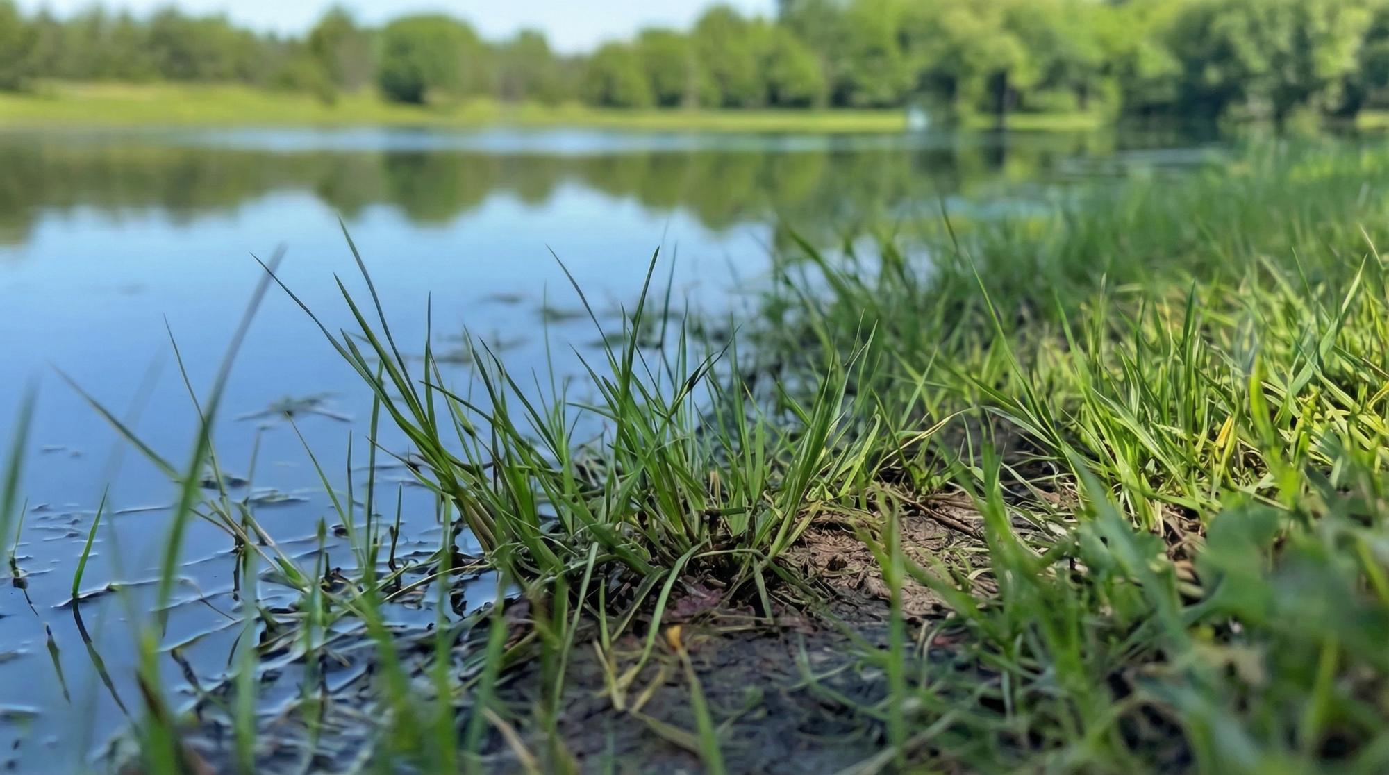 A windmill aerator beside a clear pond at golden hour