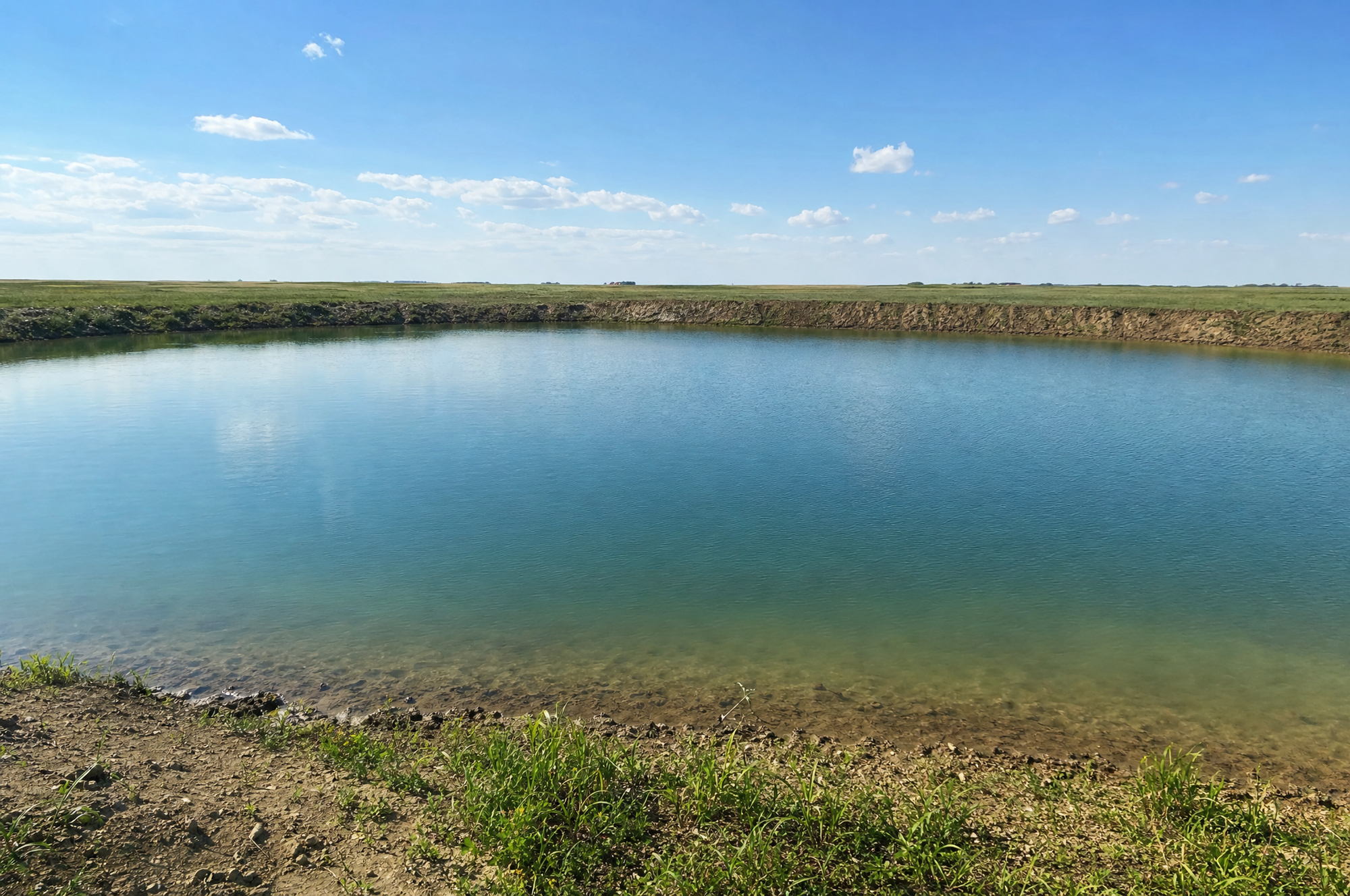 A classic multi-blade farm windmill aerator beside a calm prairie dugout pond at golden hour